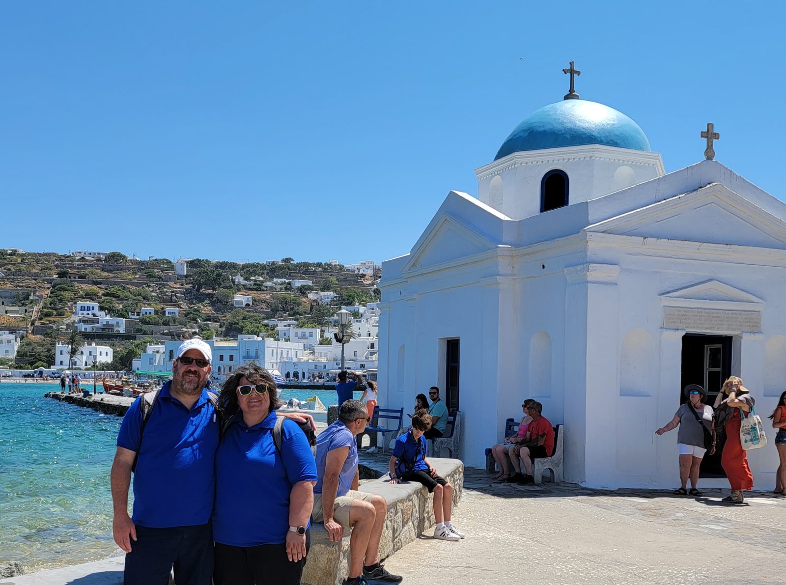 Kathy and Michael by the blue-domed church in Mykonos
