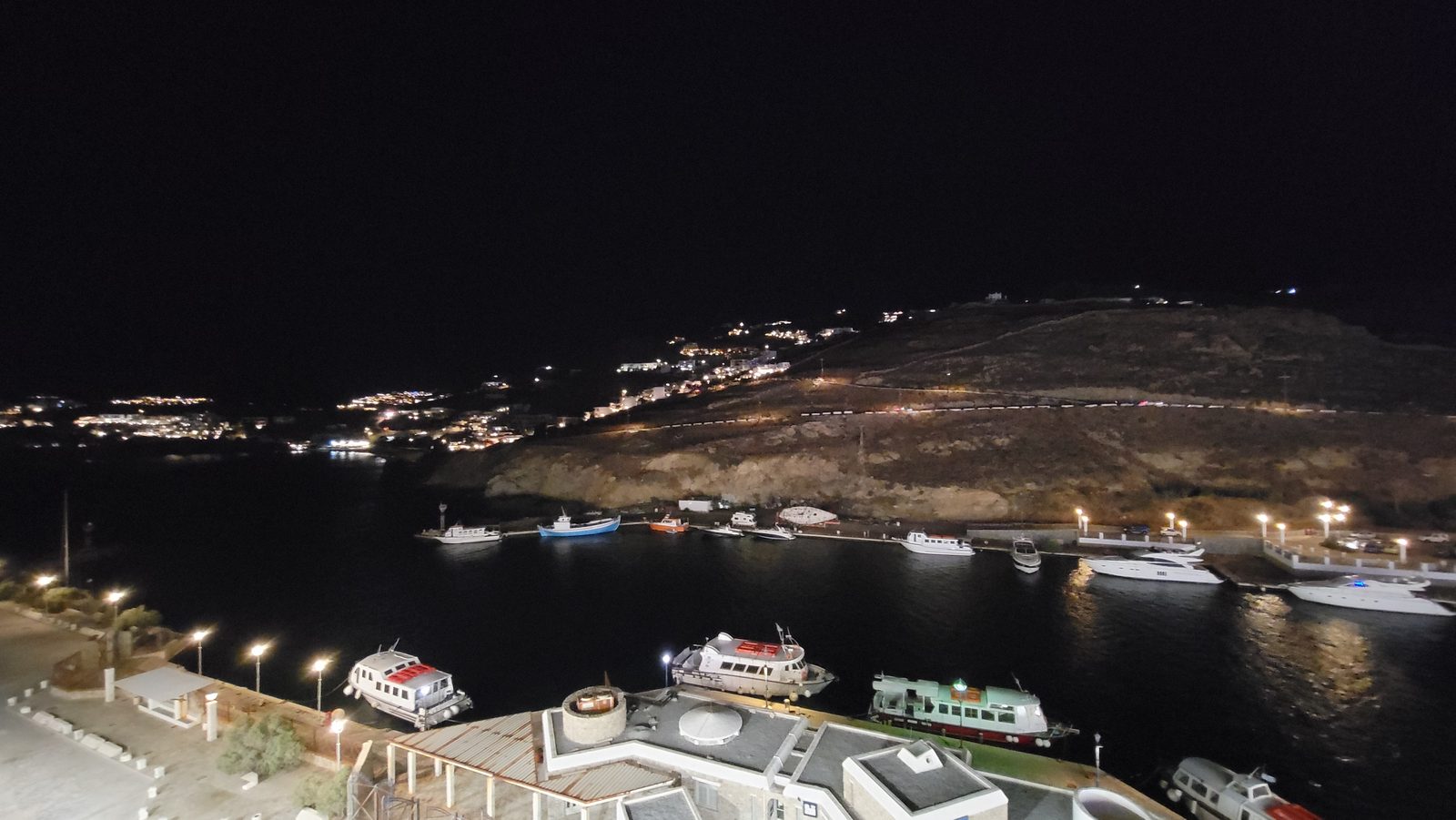 Mykonos harbor after dark