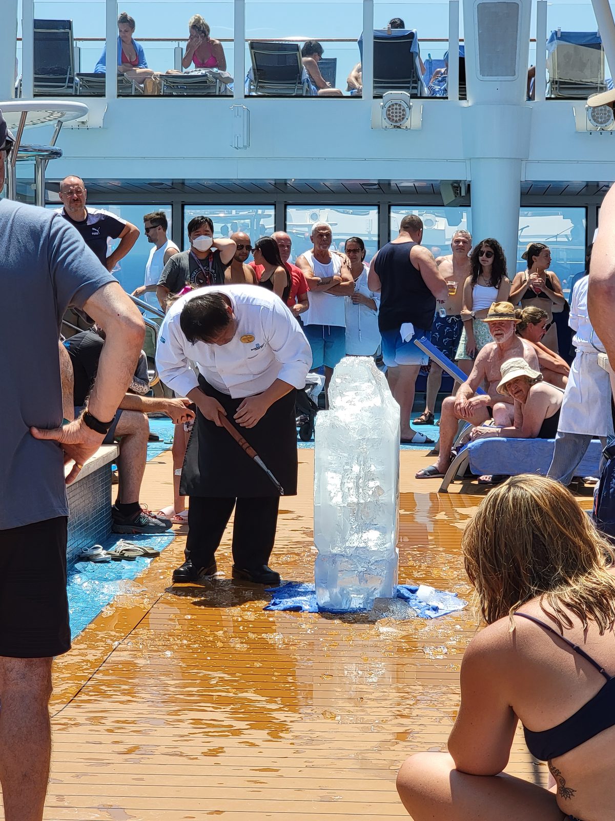 Ice carving demonstration by the pool