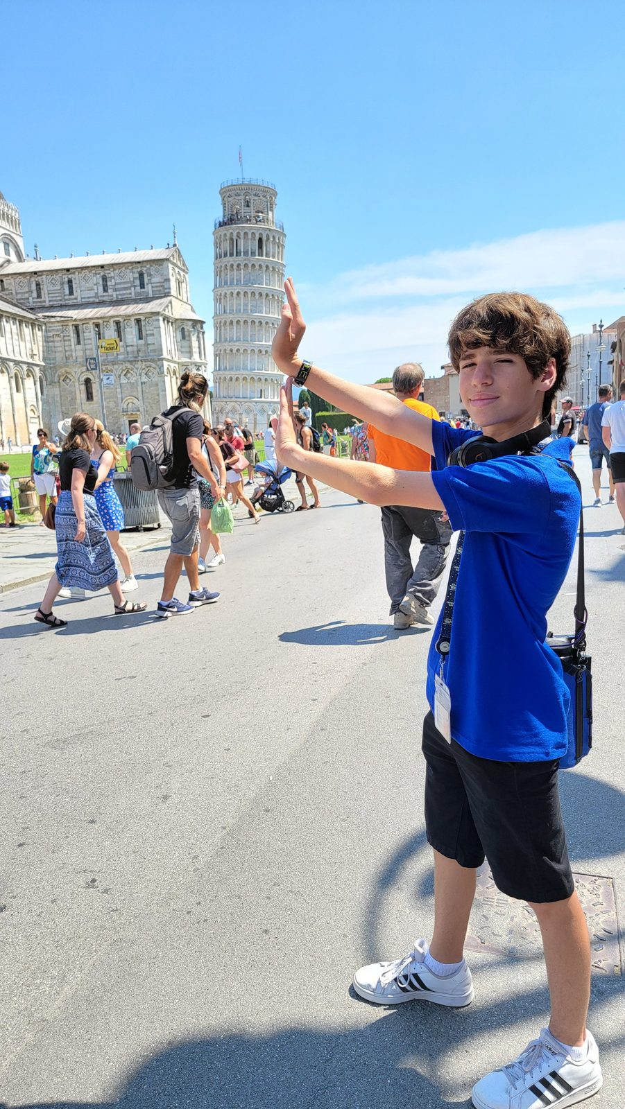 Thomas holding up the Leaning Tower