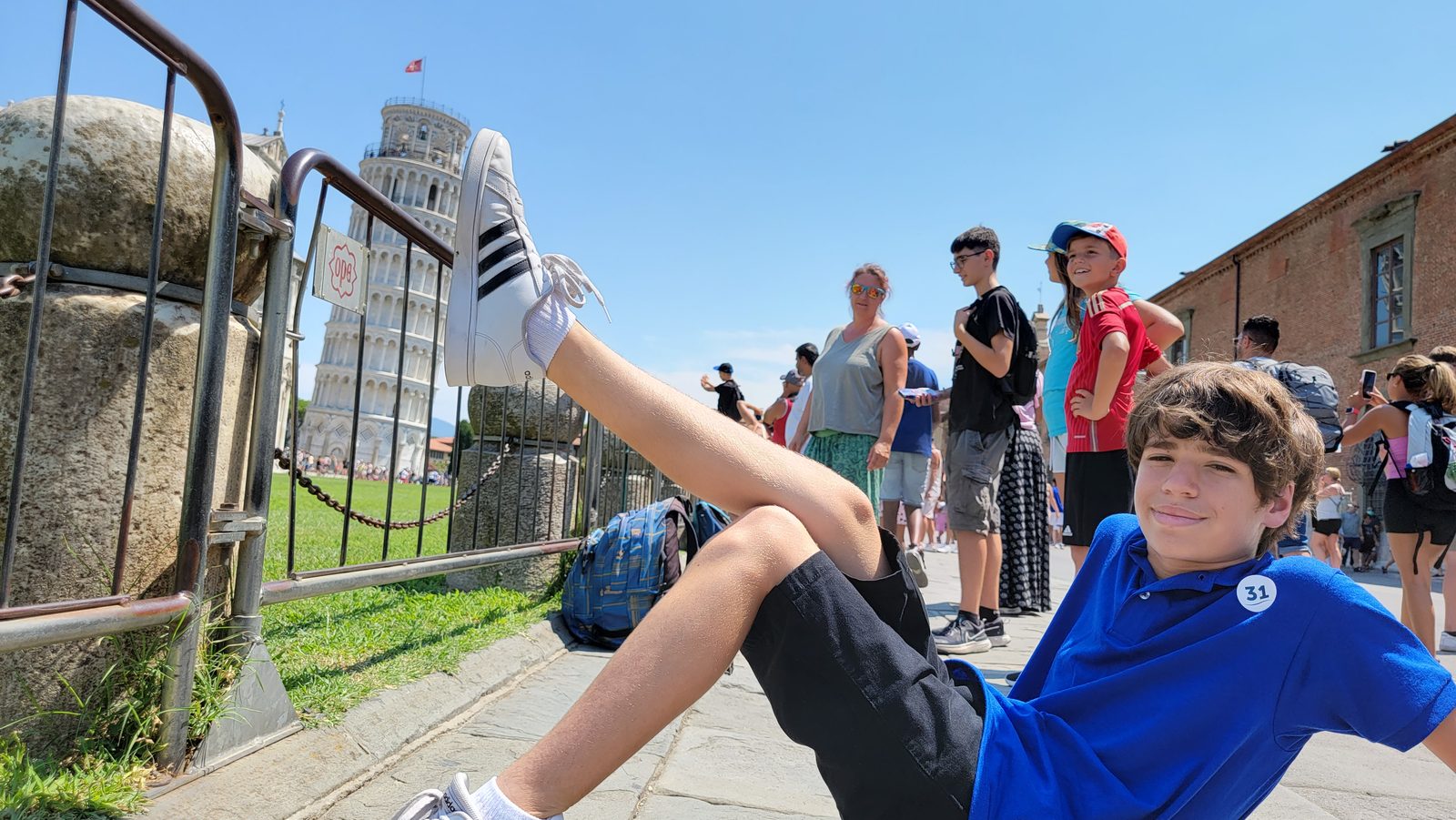 Thomas goofing around at the Leaning Tower