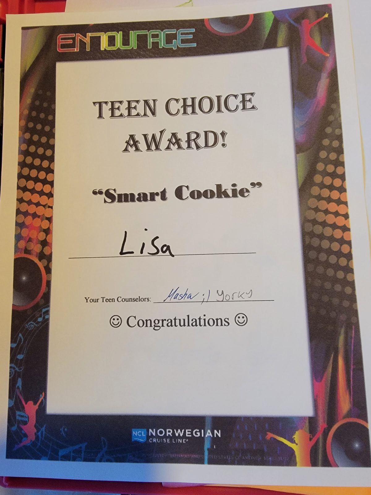 Lisa's Teen Choice Smart Cookie award from the ship