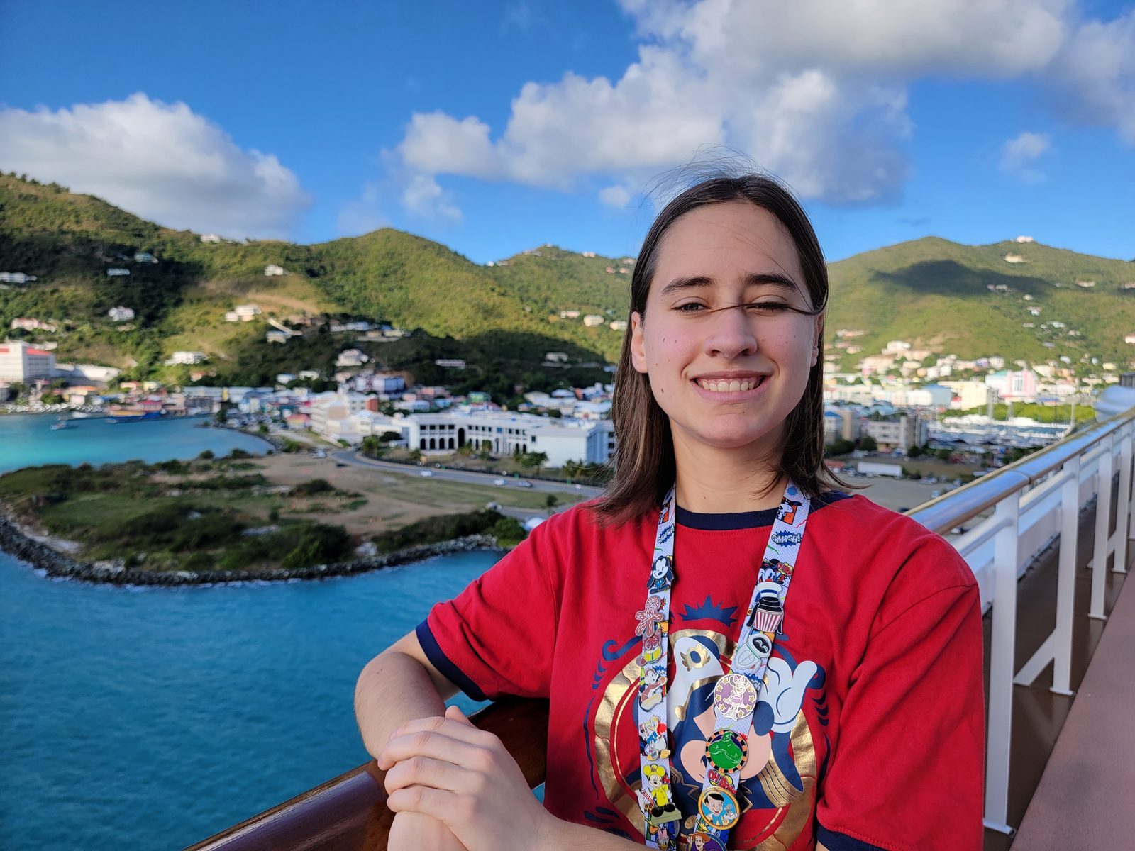 Lisa at the ship's rail in Tortola