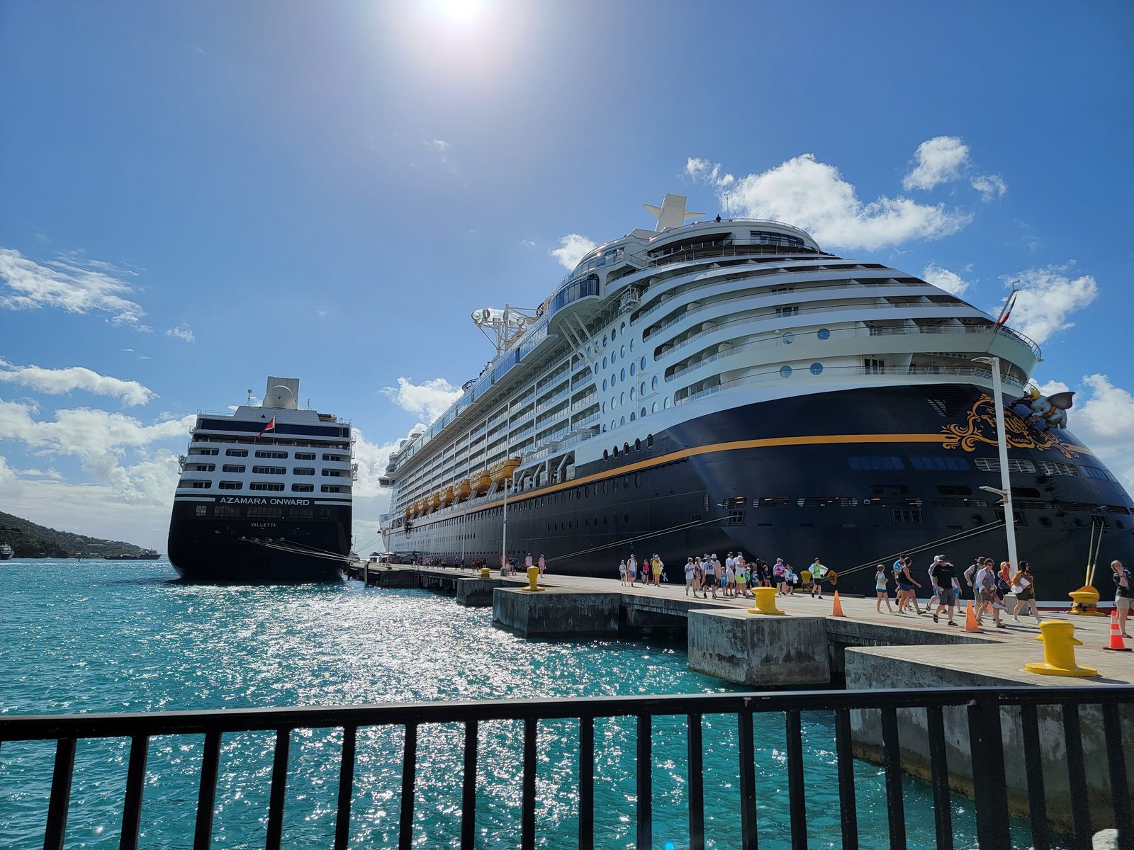 The Fantasy tied up at Tortola, another ship alongside