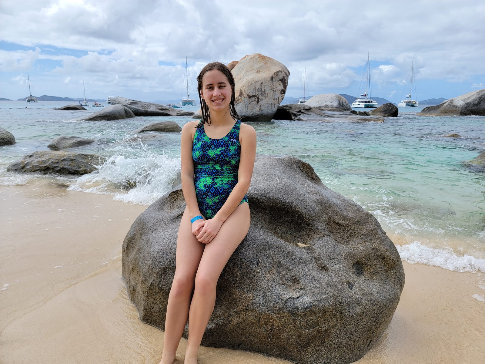 Lisa on a boulder at The Baths