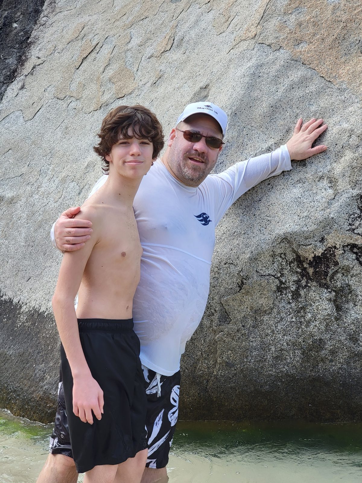 Thomas and Michael against the boulders at The Baths