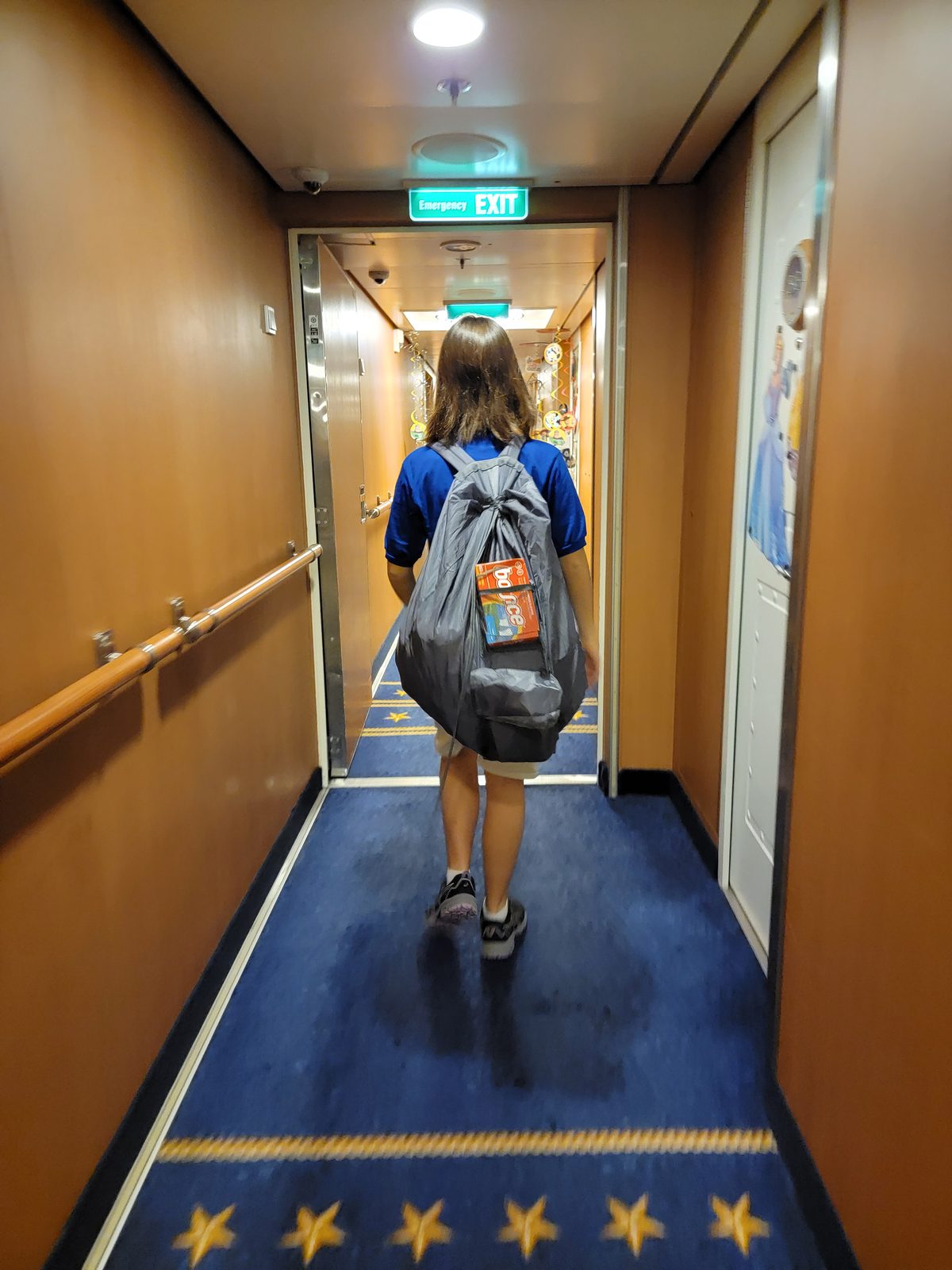 Lisa with the backpack laundry bag on the Fantasy