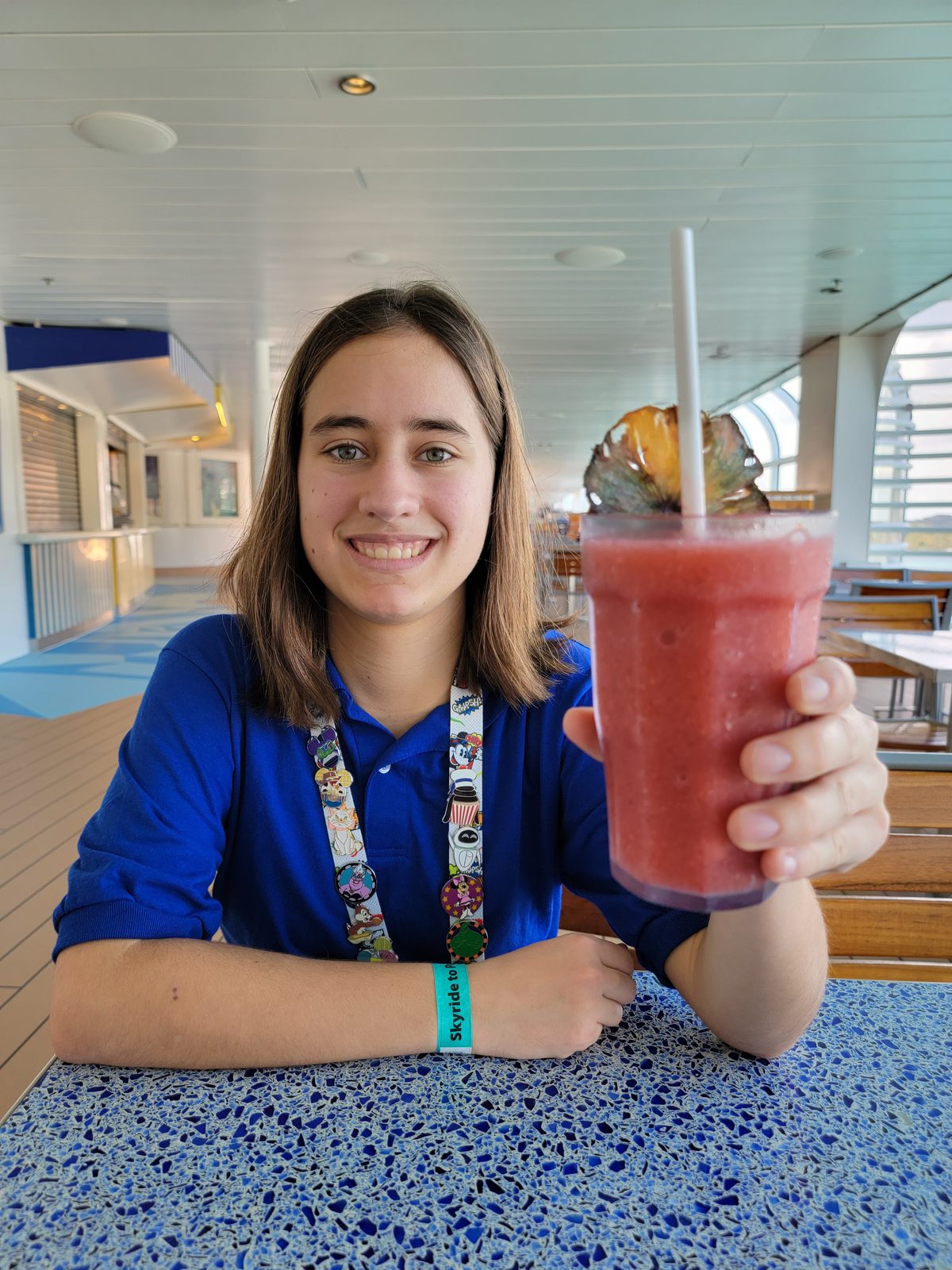 Lisa with a virgin daiquiri back on the Fantasy