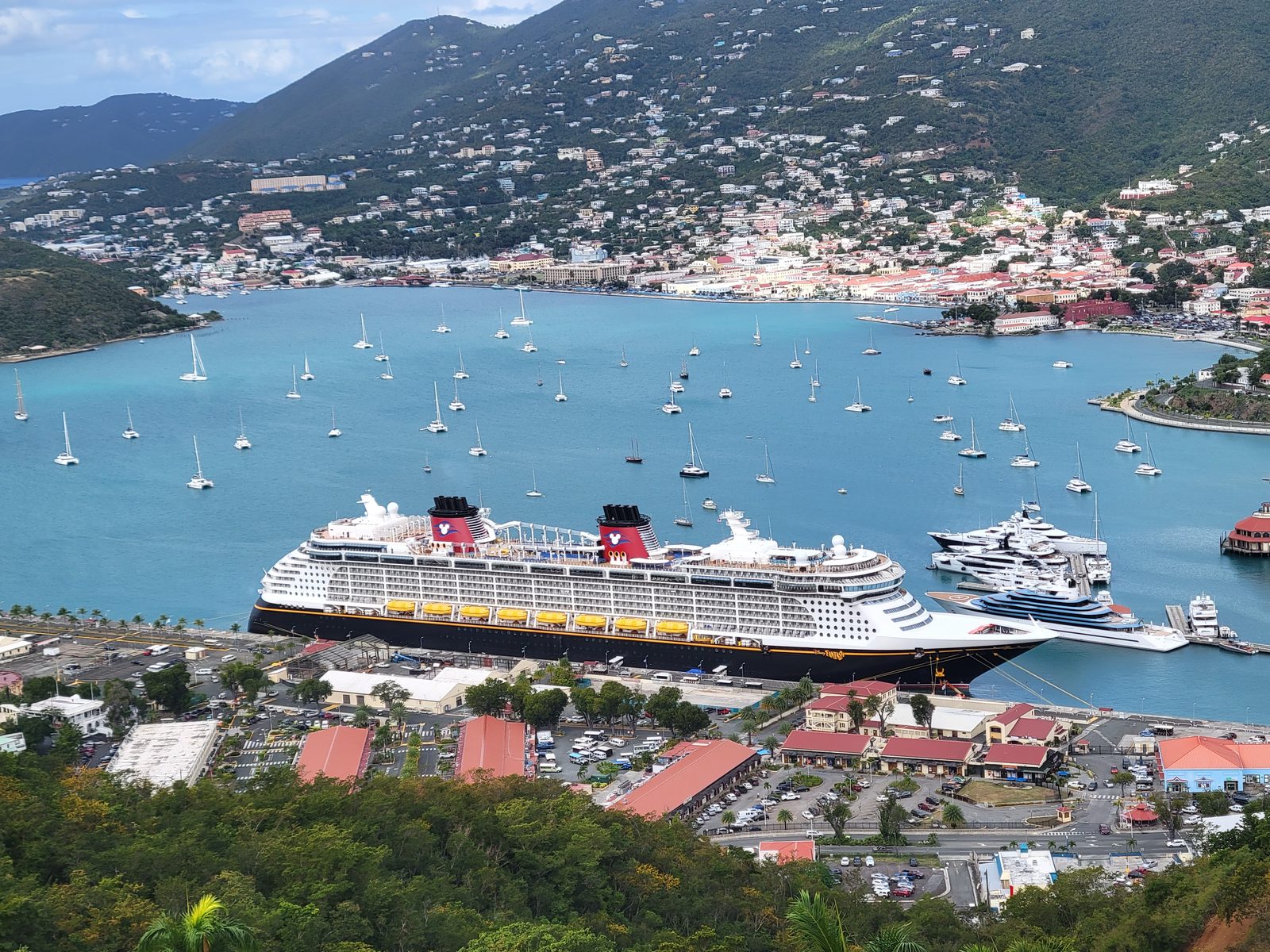 The Fantasy at anchor, seen from Paradise Point