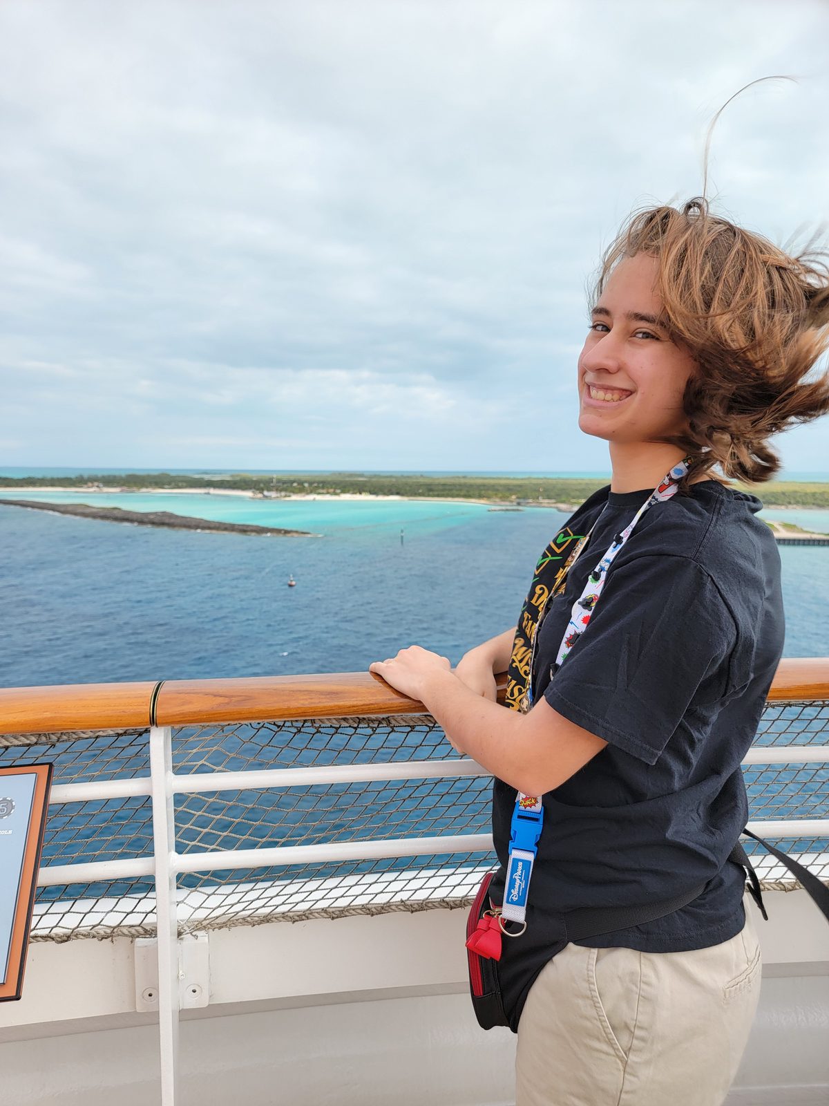 Lisa at the rail as we arrive at Castaway Cay