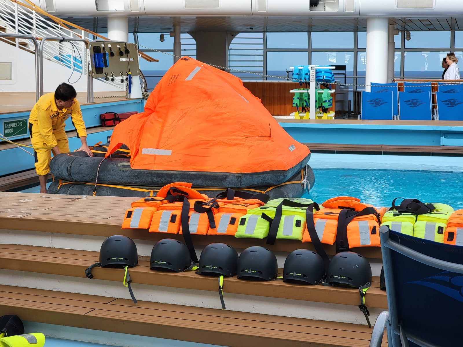 Cast Members at life raft training in the Donald Pool