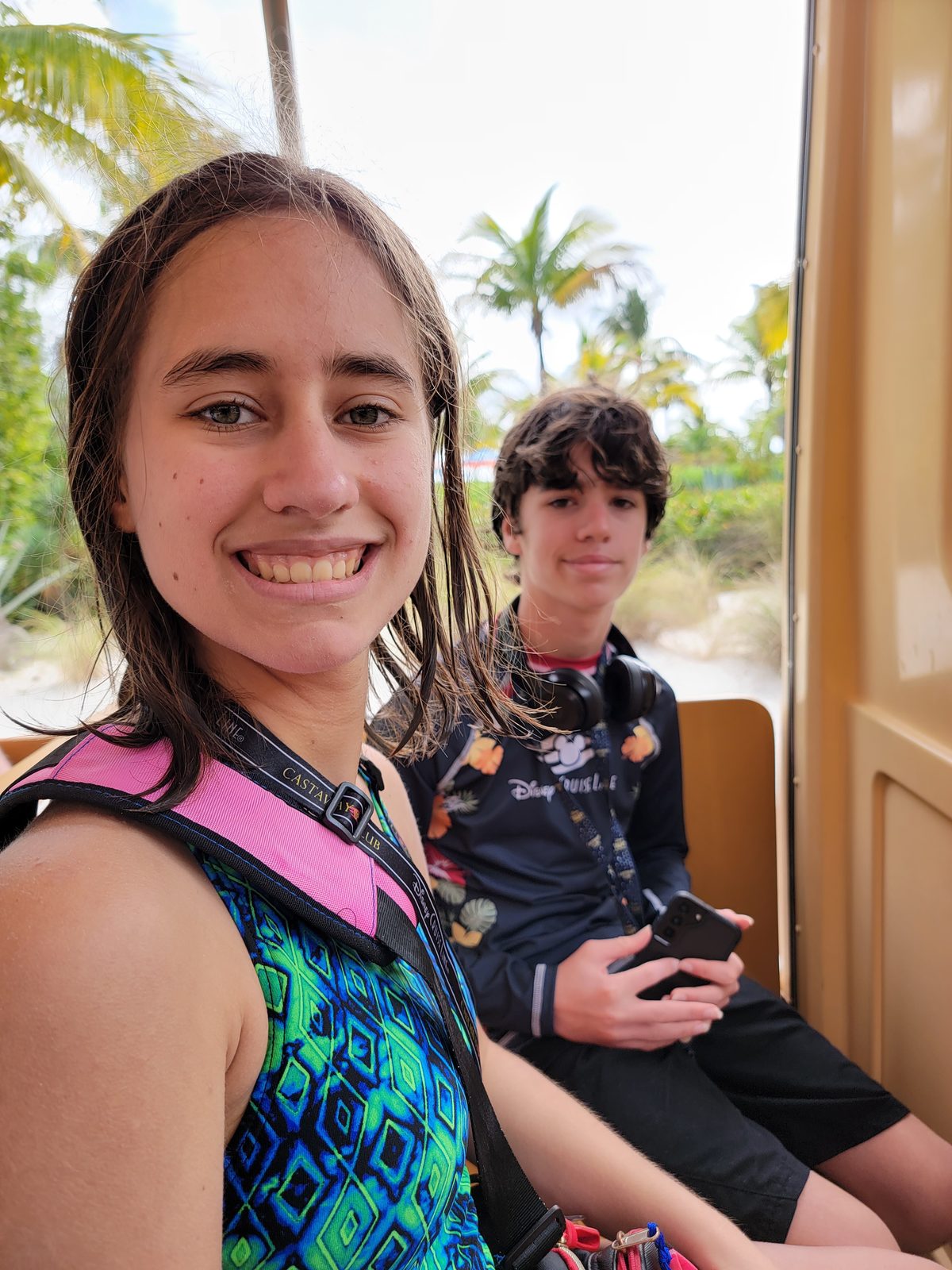 Lisa and Thomas riding the tram to the beach