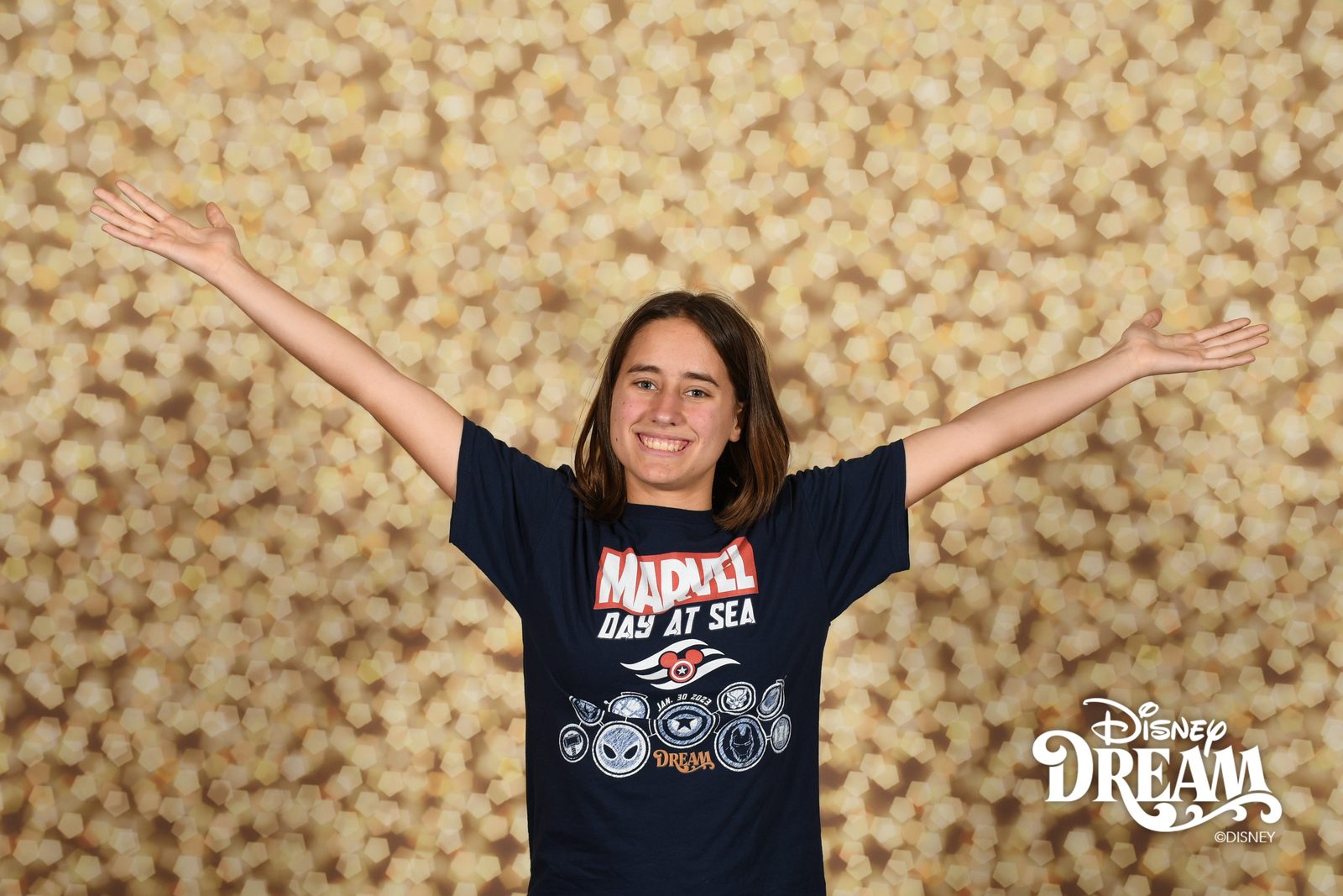 Lisa arms wide at the Marvel Day at Sea photo spot