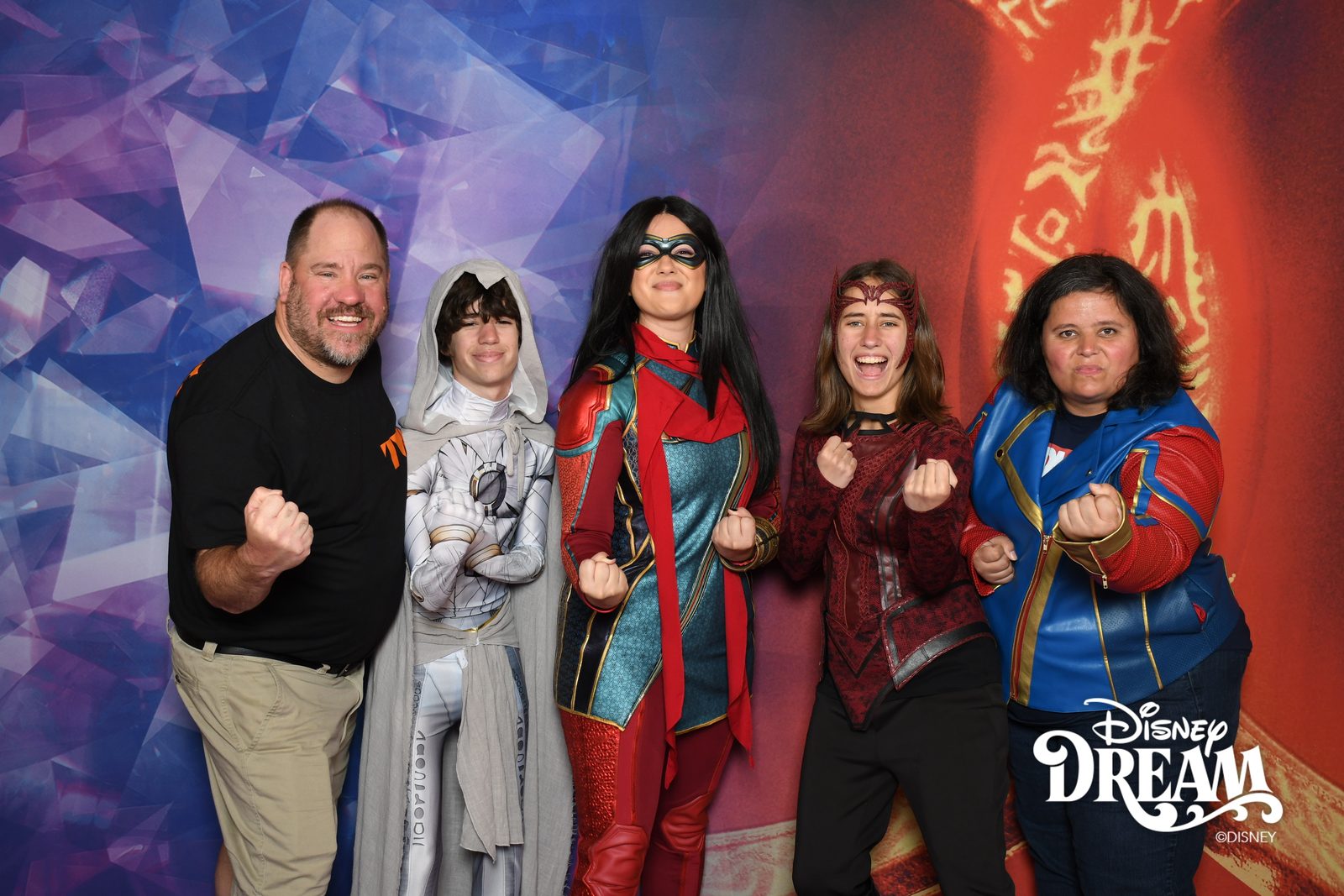 Michael, Thomas as Moon Knight, Ms. Marvel, Lisa as Scarlet Witch and Kathy as Ms. Marvel on Marvel Day at Sea