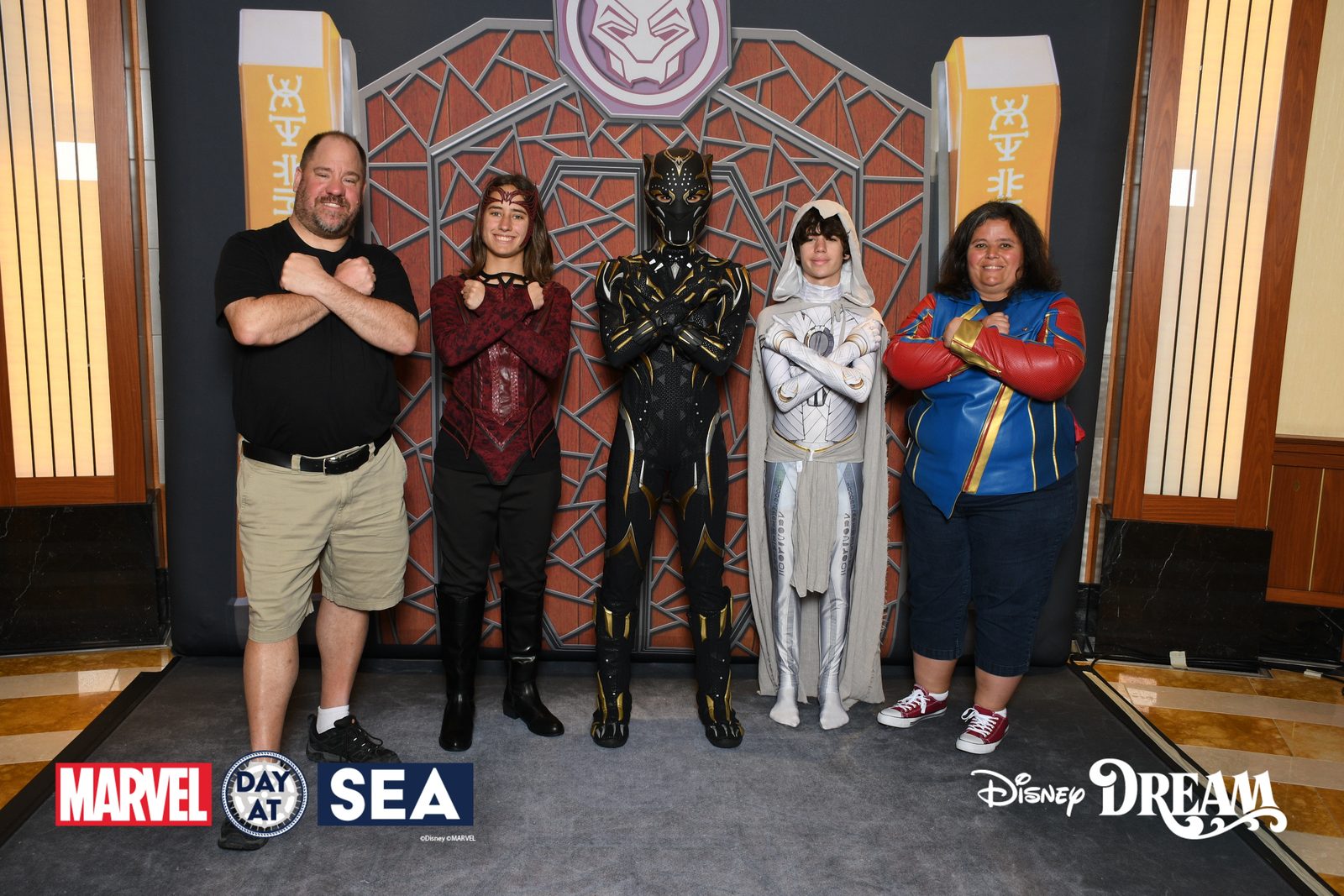 Michael, Lisa as Scarlet Witch, Black Panther, Thomas as Moon Knight and Kathy as Ms. Marvel on Marvel Day at Sea
