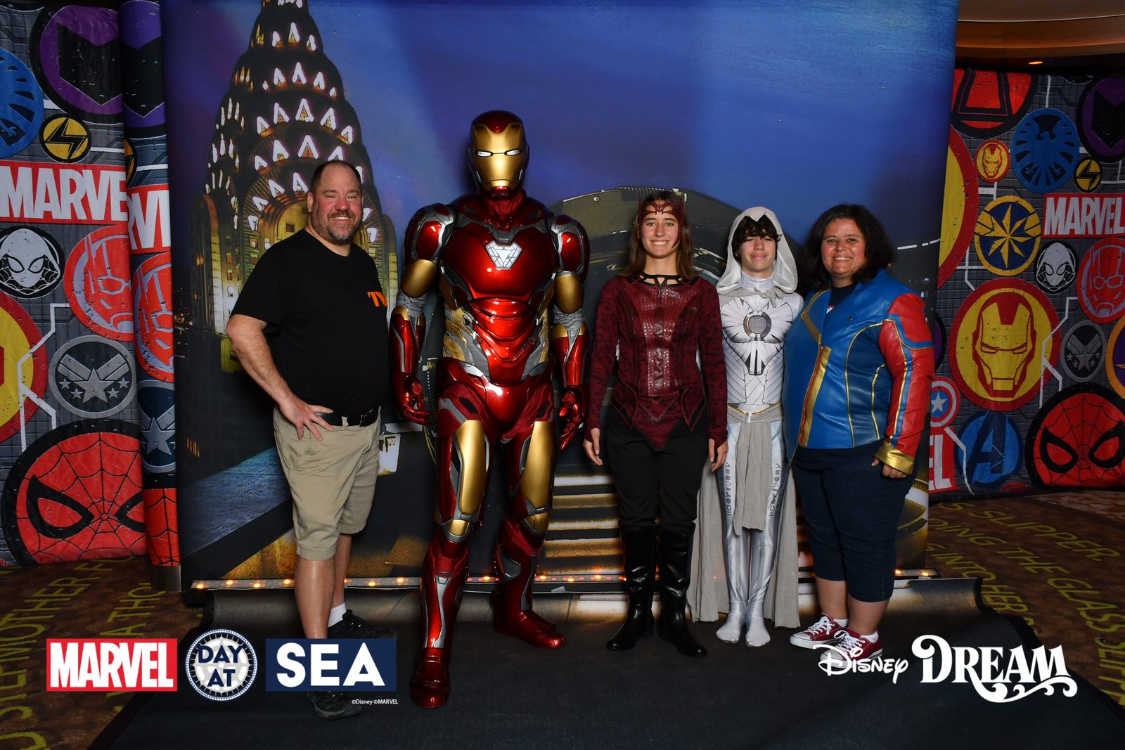 Michael, Iron Man, Lisa as Scarlet Witch, Thomas as Moon Knight and Kathy as Ms. Marvel on Marvel Day at Sea