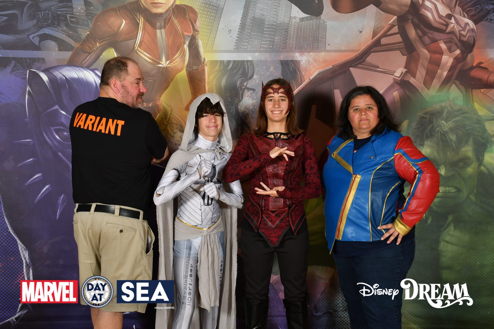 All of us in costume on Marvel Day at Sea