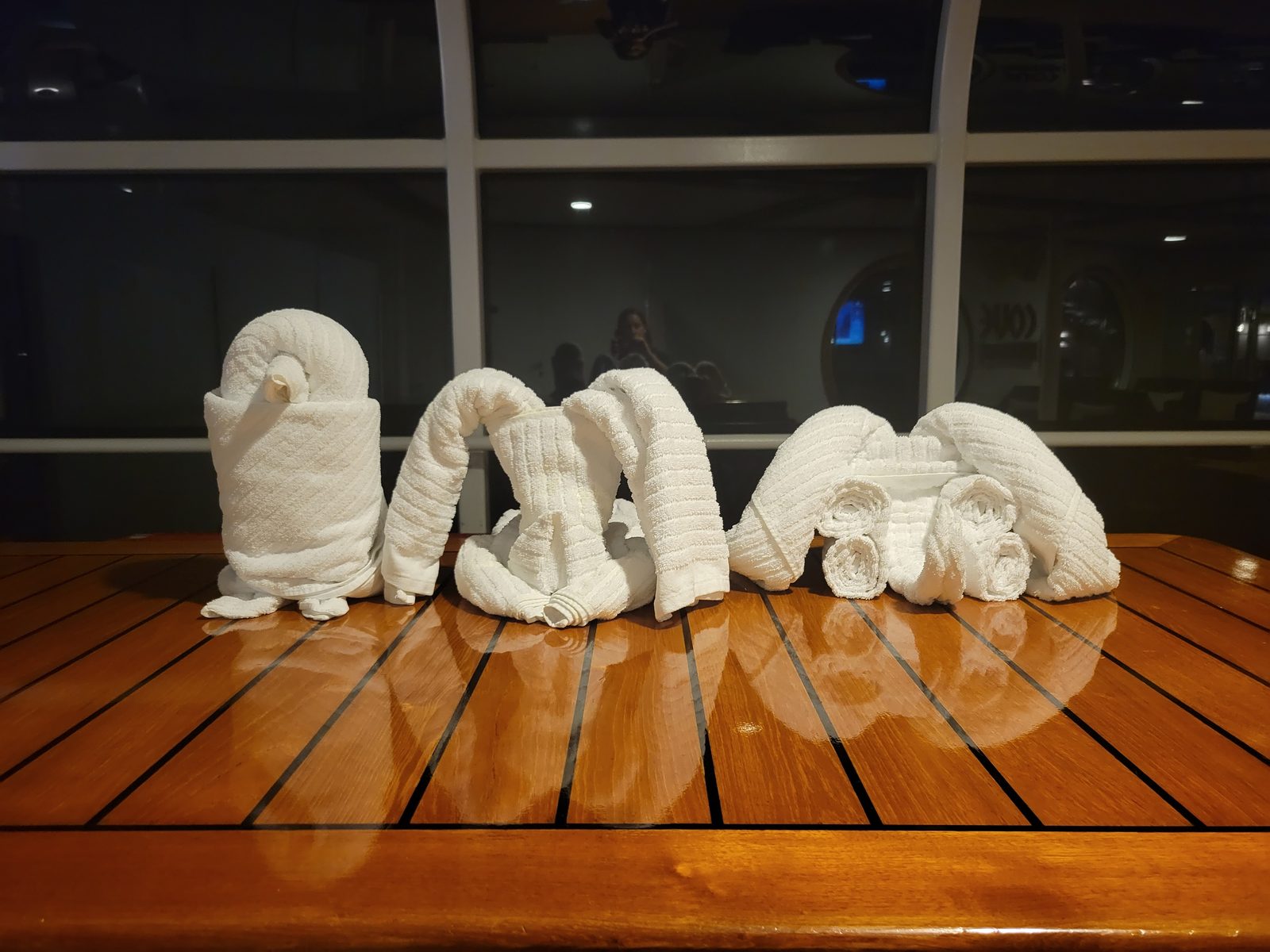 A towel animal waiting on the table