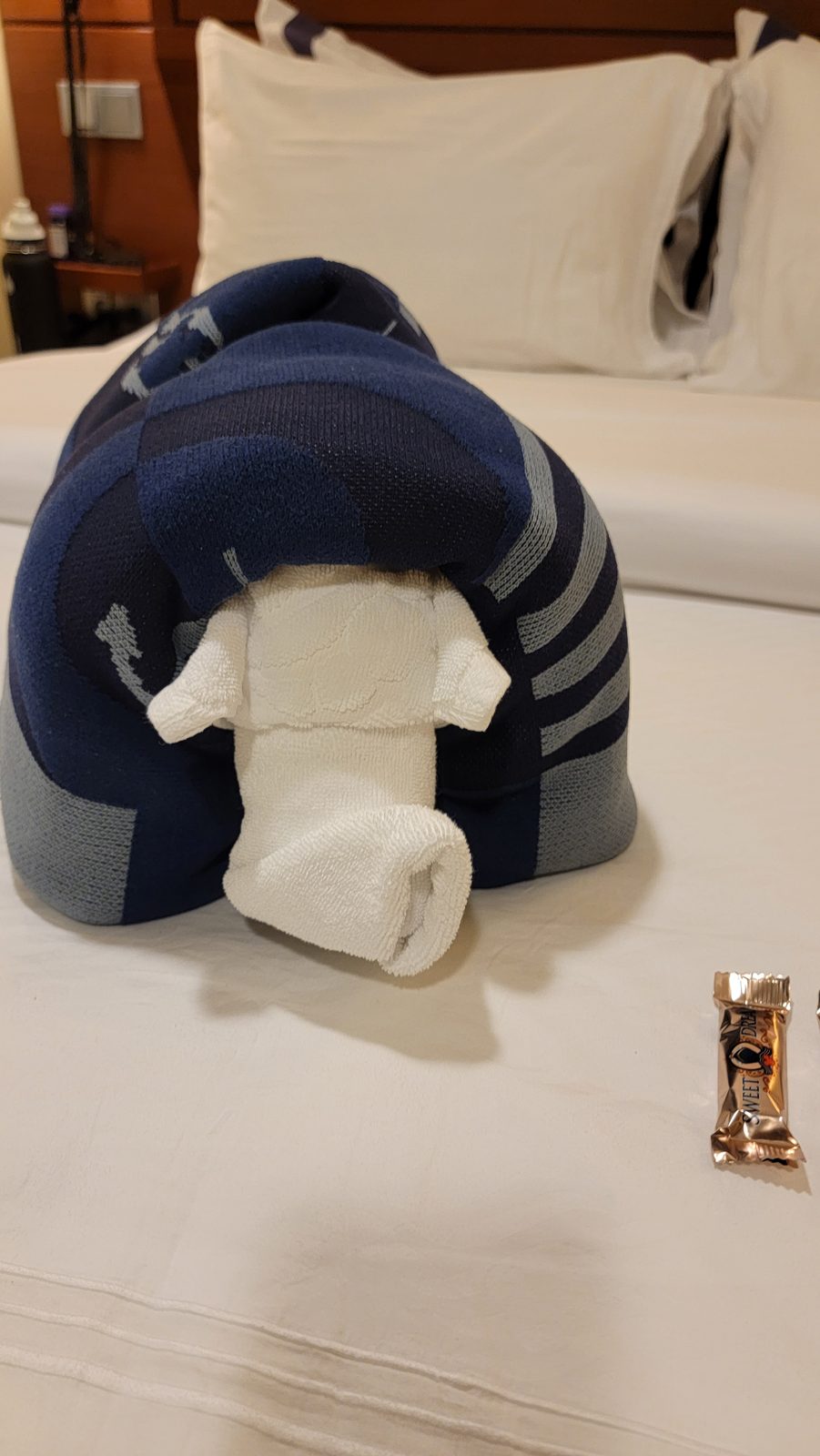 Another towel animal waiting on the bed