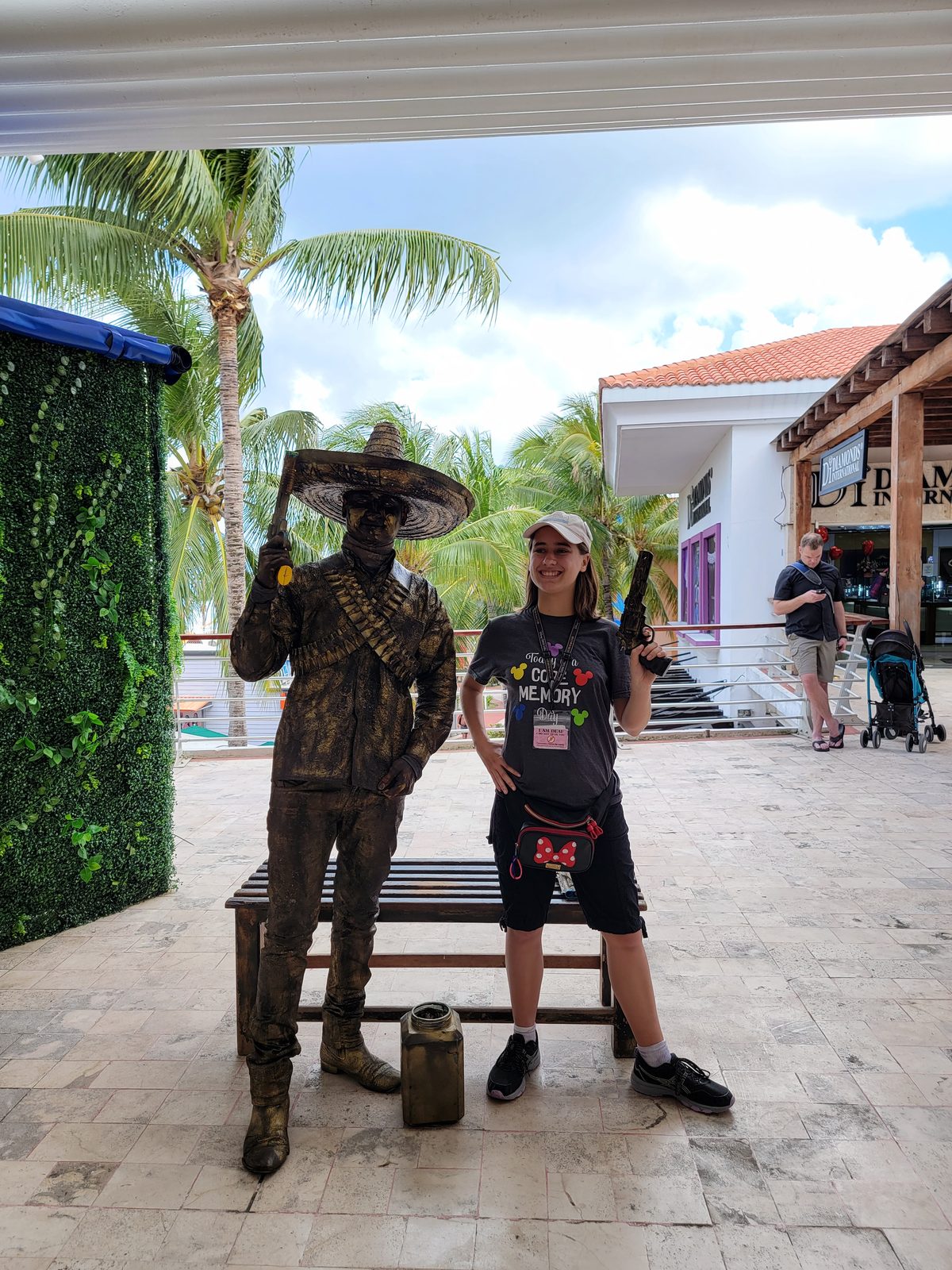 Lisa with a living statue performer