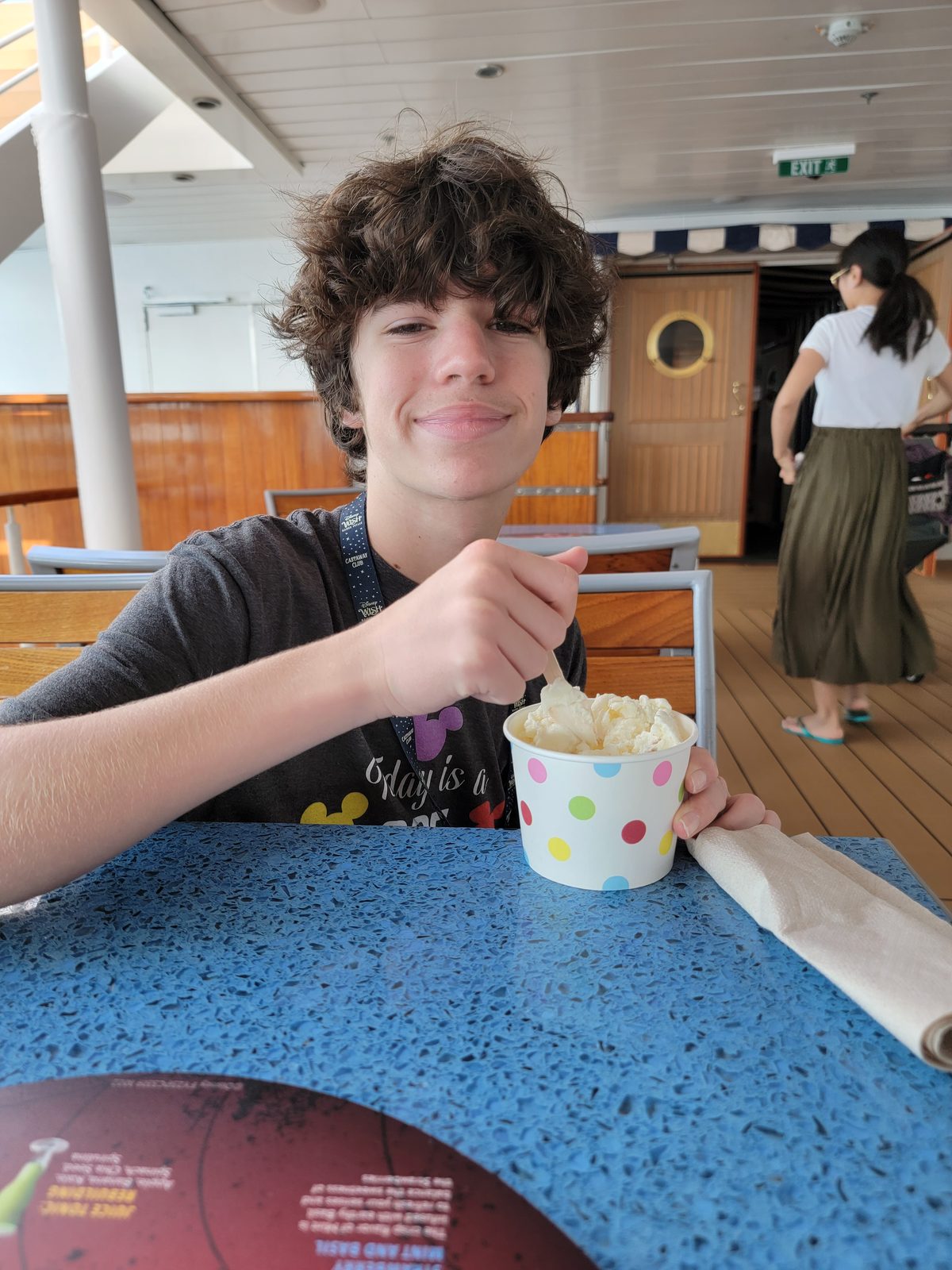 Thomas with ice cream out on deck