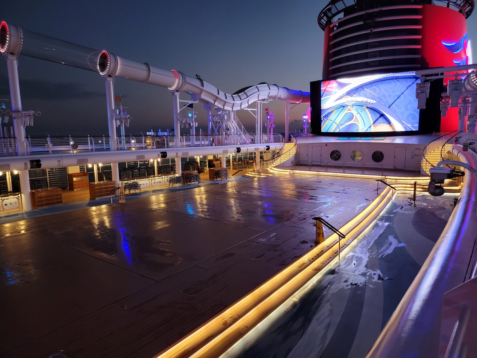 The pool deck quiet before sunrise