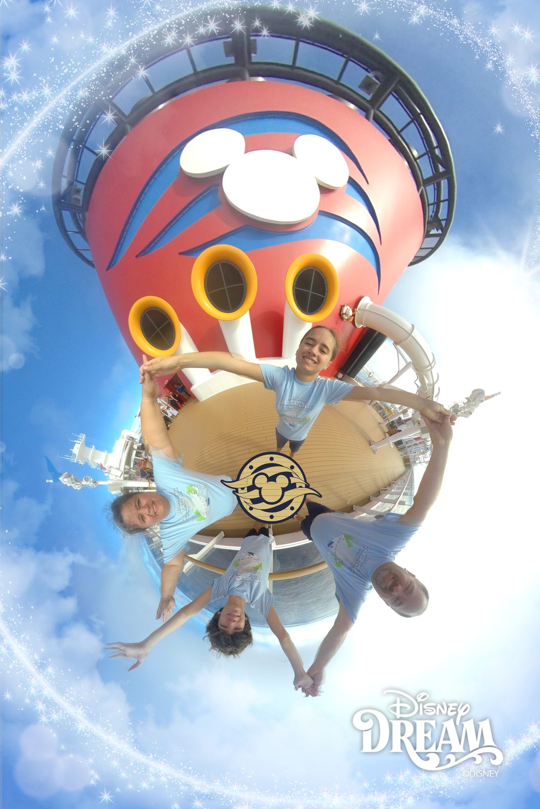 Kathy, Lisa, Thomas and Michael in a fisheye portrait at the Disney Dream funnel