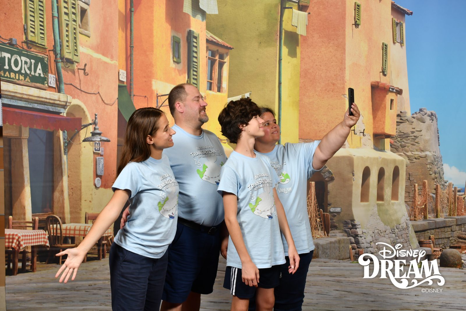A selfie in front of our Italian village backdrop