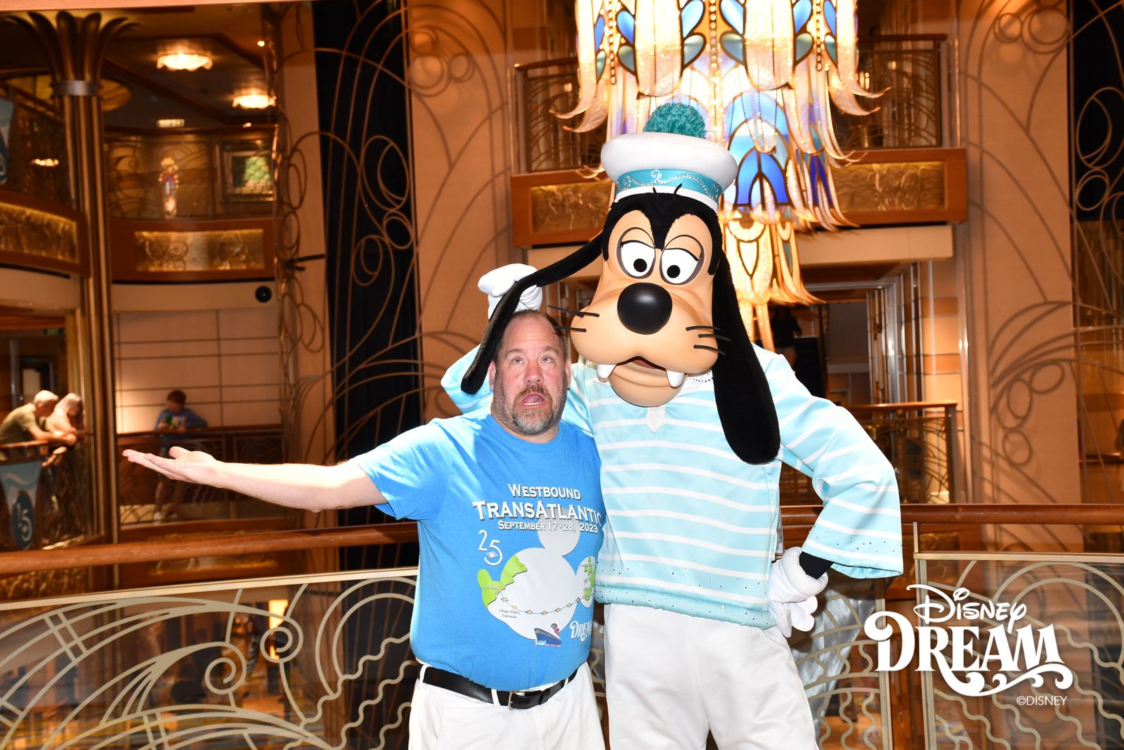 Meeting Goofy in my anniversary shirt