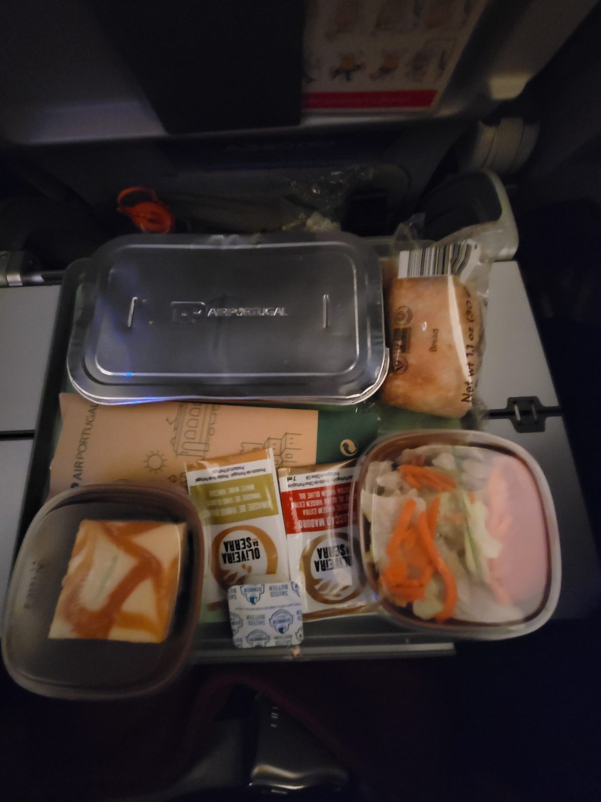 Dinner tray on the overnight flight