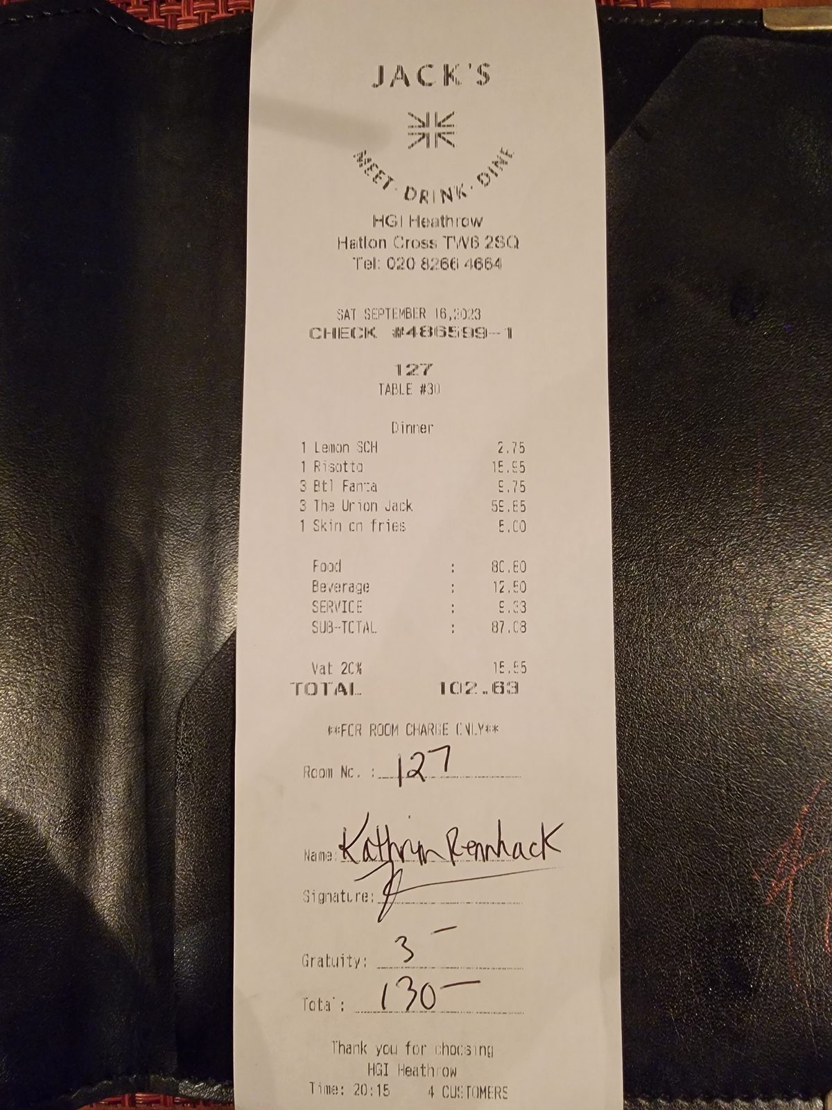 Our bill at Jack's, signed by Kathy