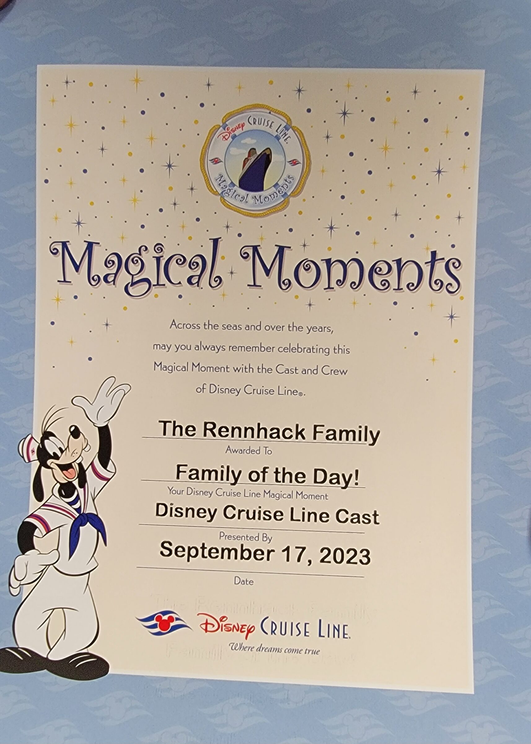 Our Magical Moments certificate, Family of the Day