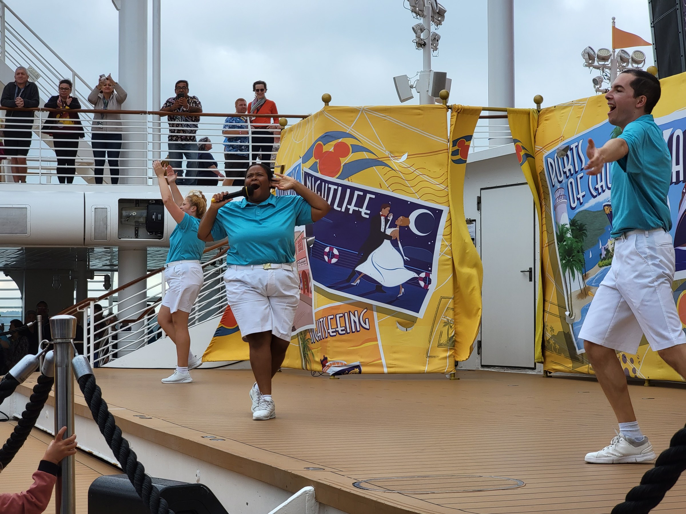 Dominique leads the Sailing Away party on deck