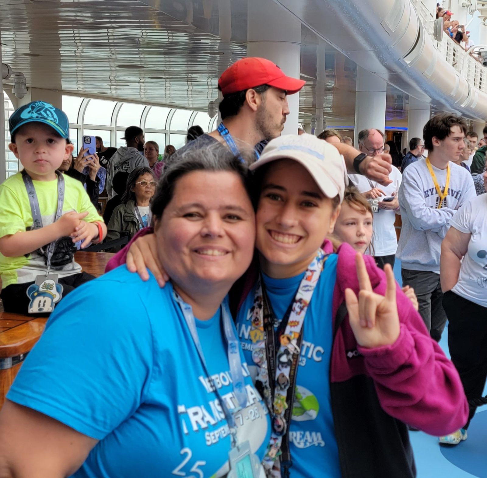 Kathy and Lisa on deck at sail away, Disney Dream