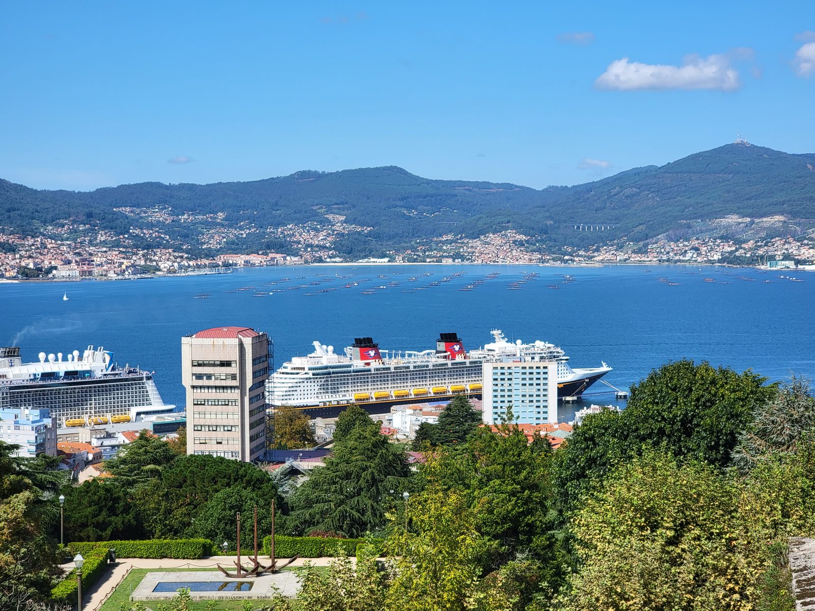 The Dream docked in Vigo, from the hill above