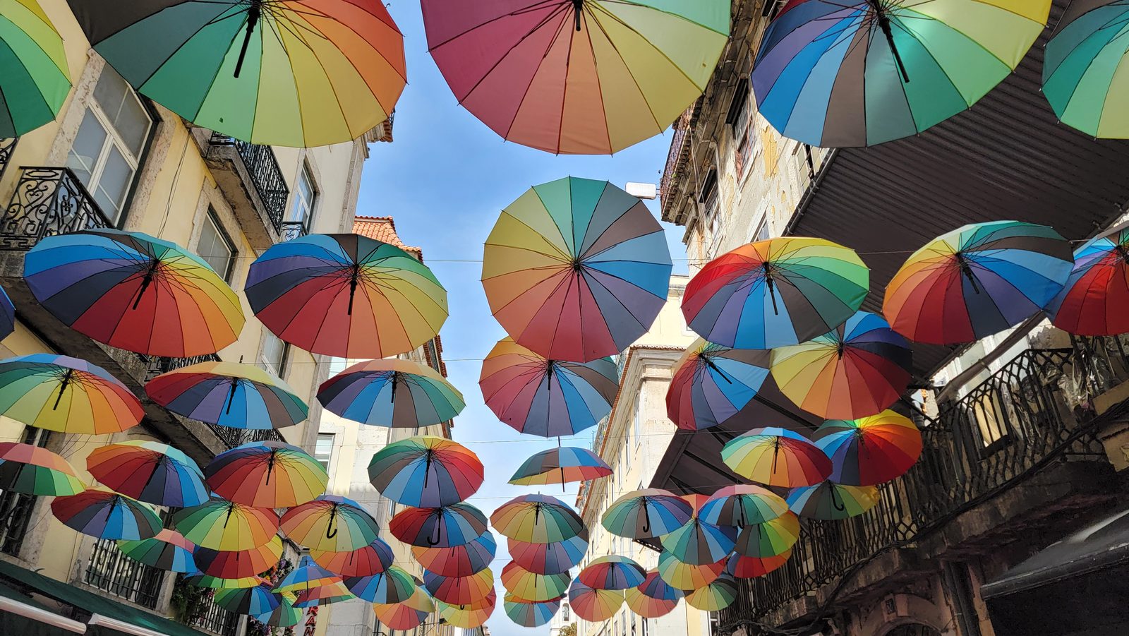 Umbrellas strung above Pink Street in Lisbon