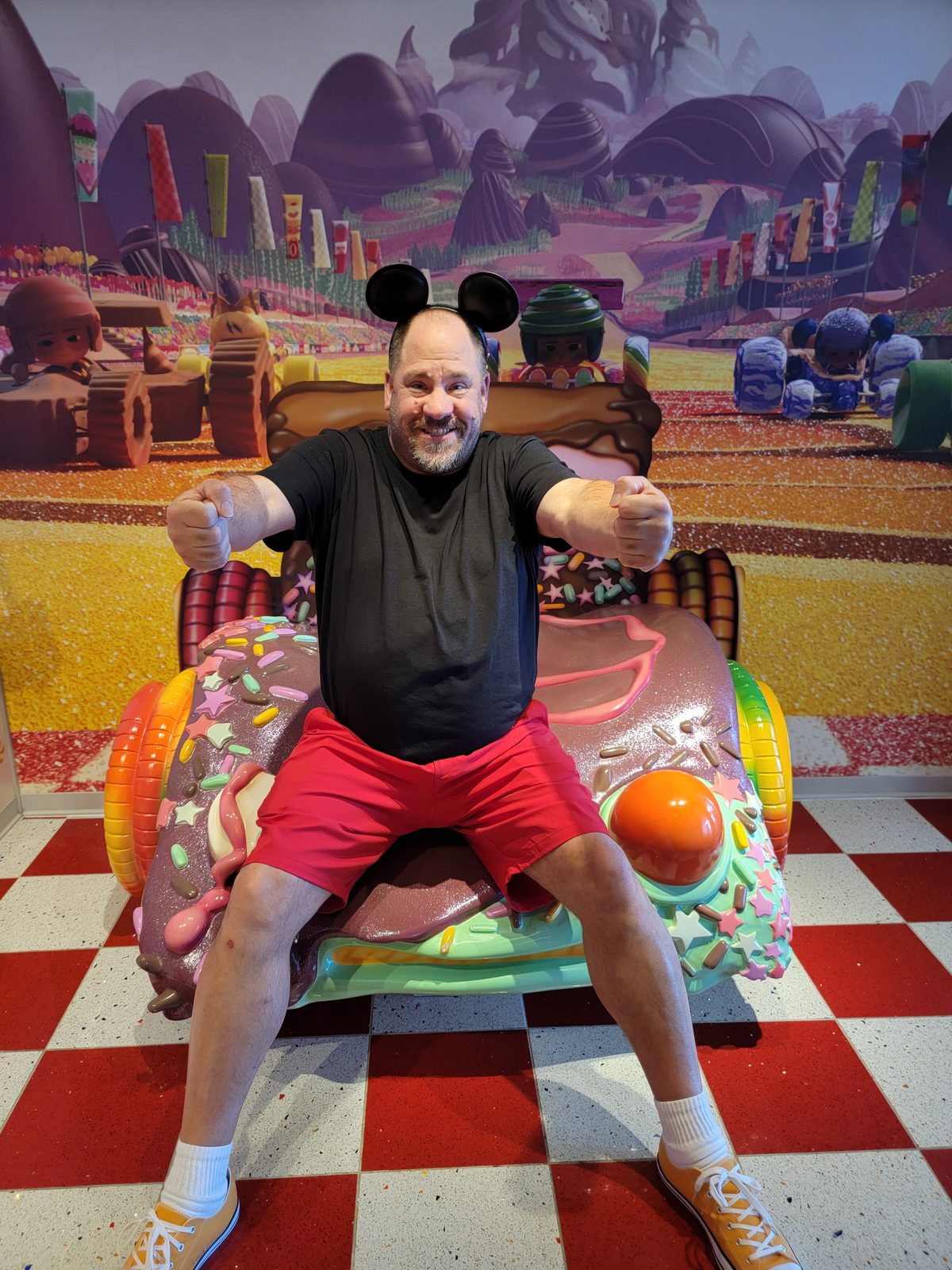 Michael in the candy kart at Vanellope's