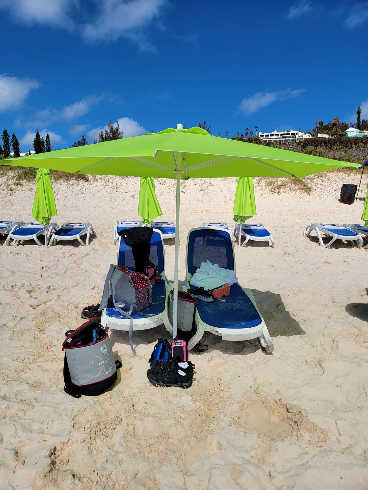 Our umbrella and loungers at Horseshoe Bay