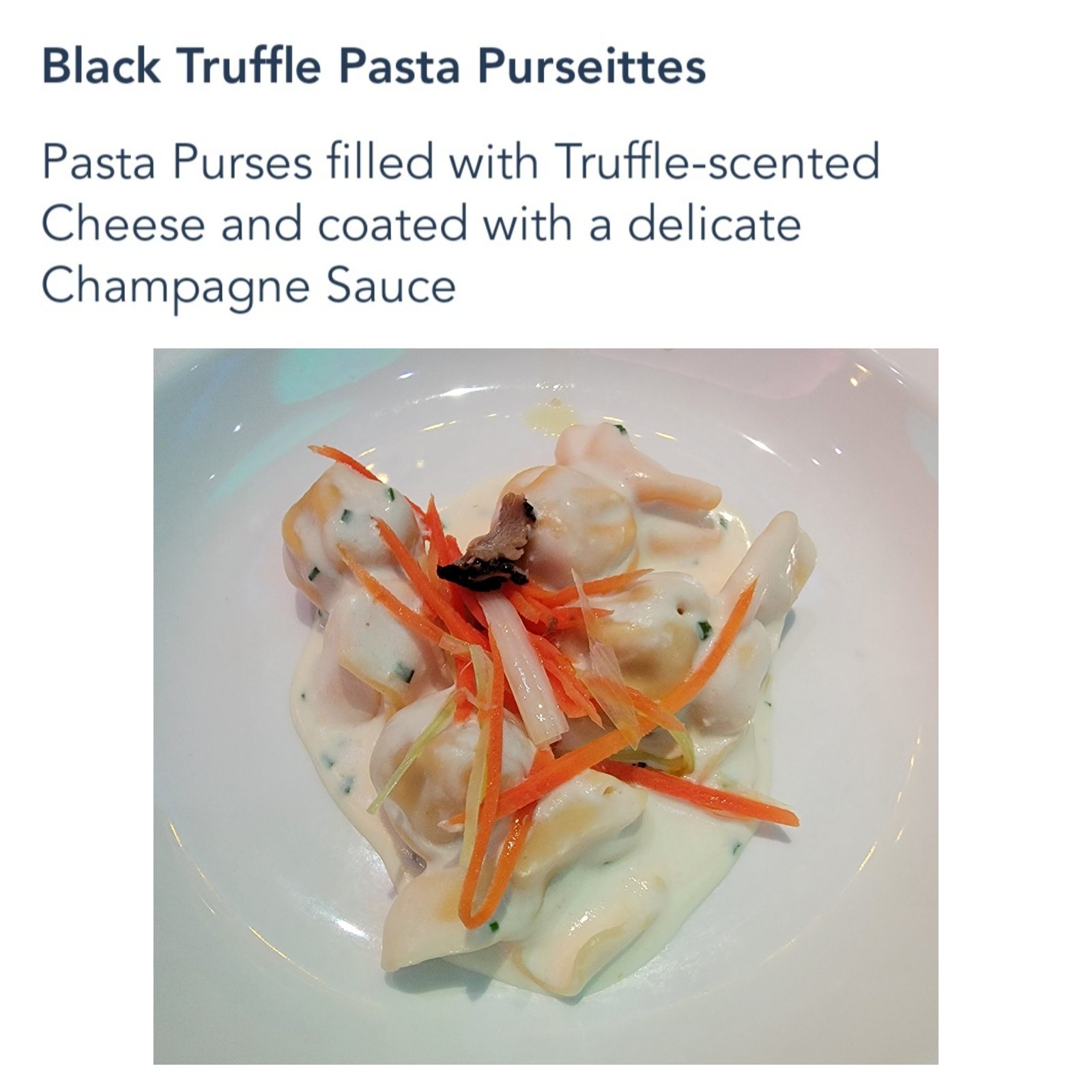 Black truffle pasta purses at dinner on the Dream