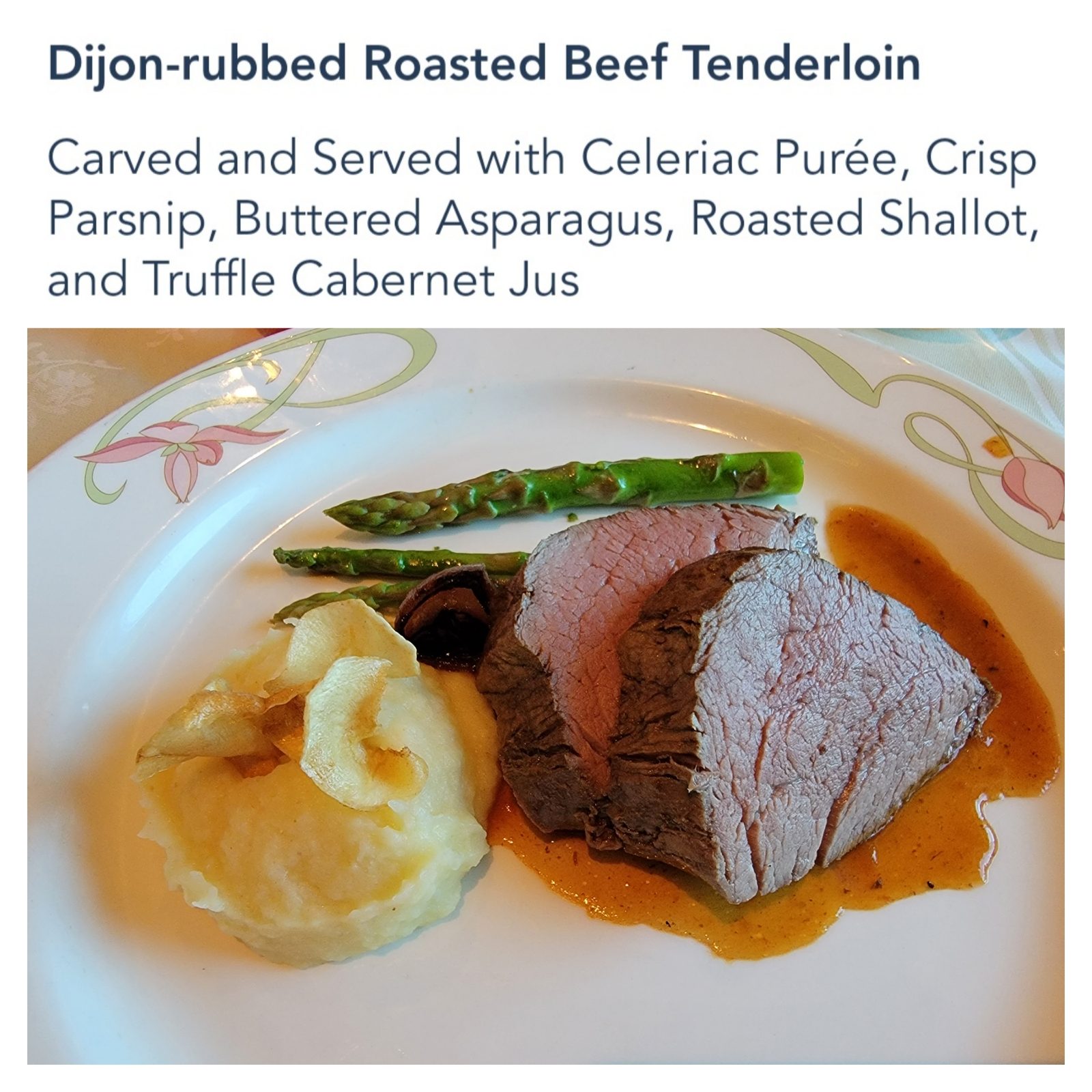 Dijon-rubbed beef tenderloin at dinner on the Dream
