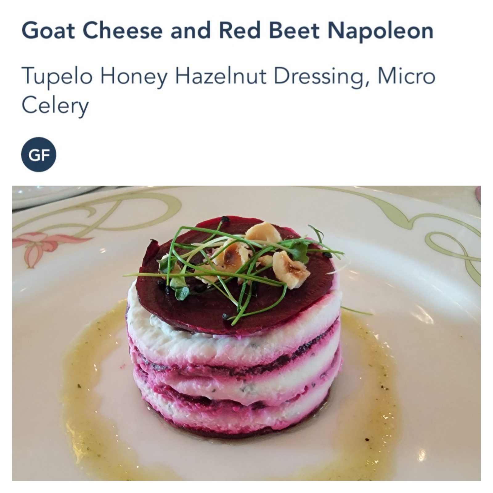 Goat cheese and red beet napoleon at Enchanted Garden