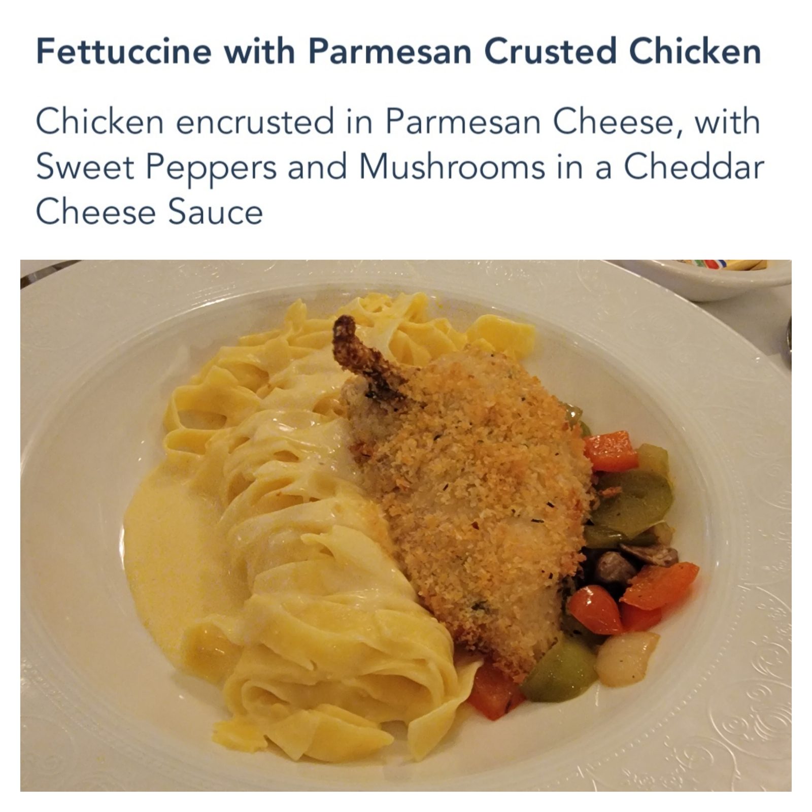 Fettuccine with parmesan crusted chicken at Royal Palace
