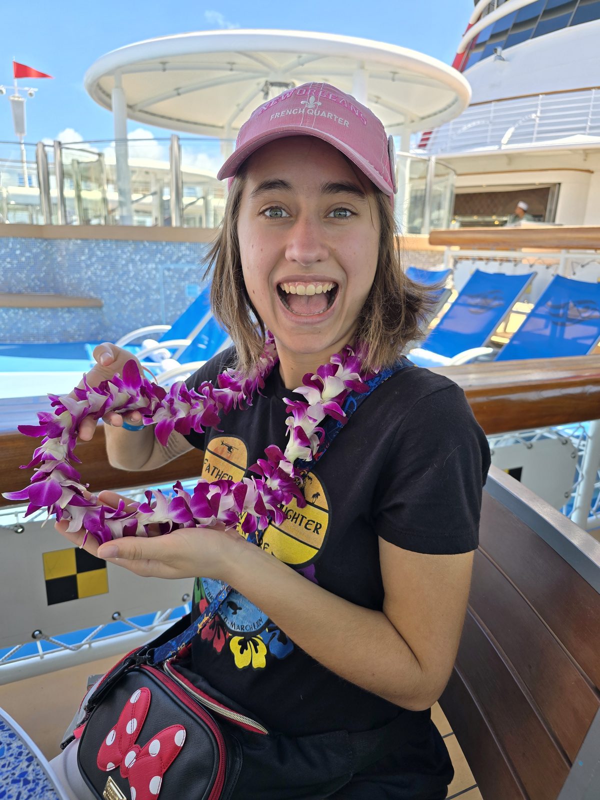 Lisa with a lei on embarkation day