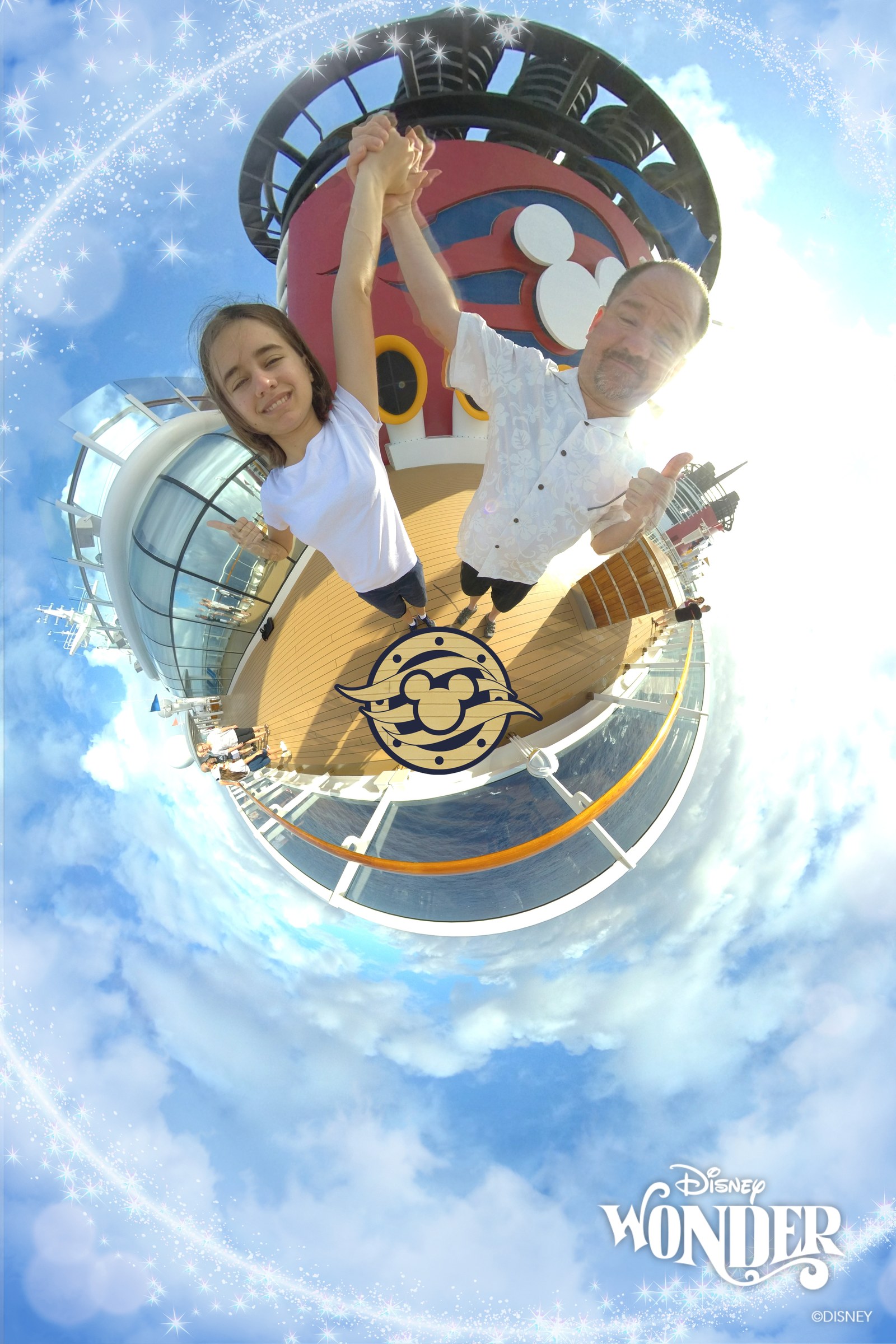Lisa and Michael in a tiny-planet photo on deck