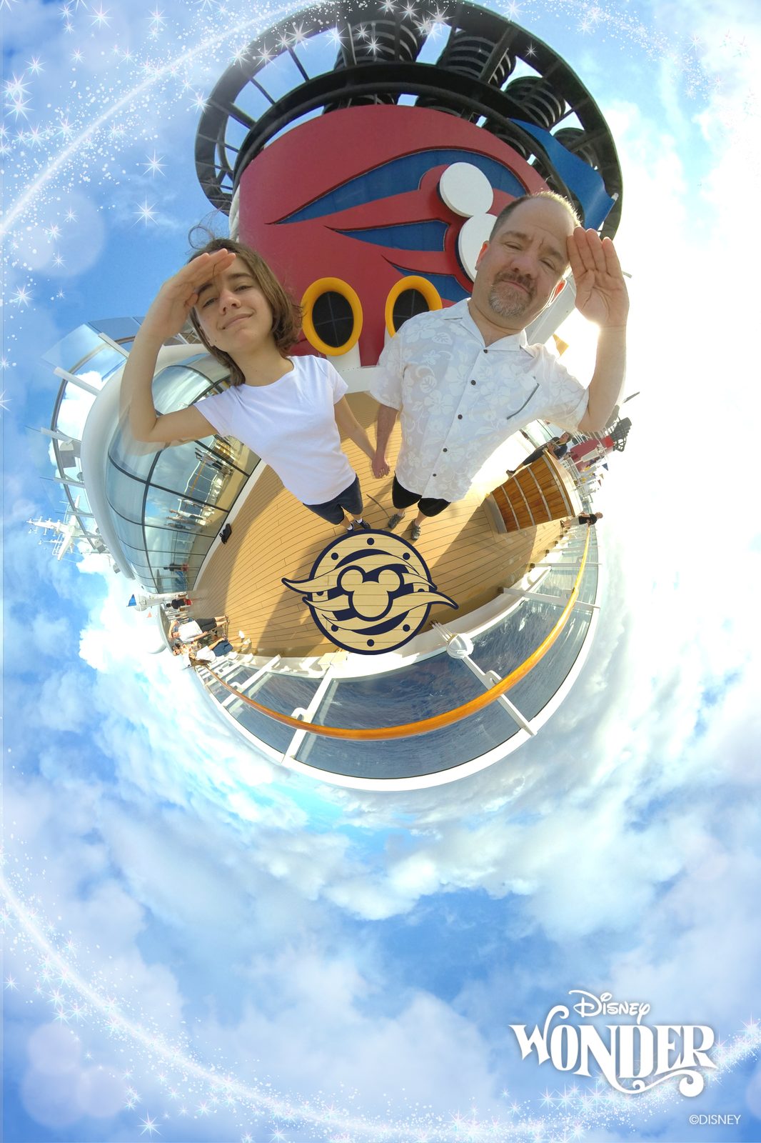 Lisa and Michael in a tiny planet Magic Shot on deck