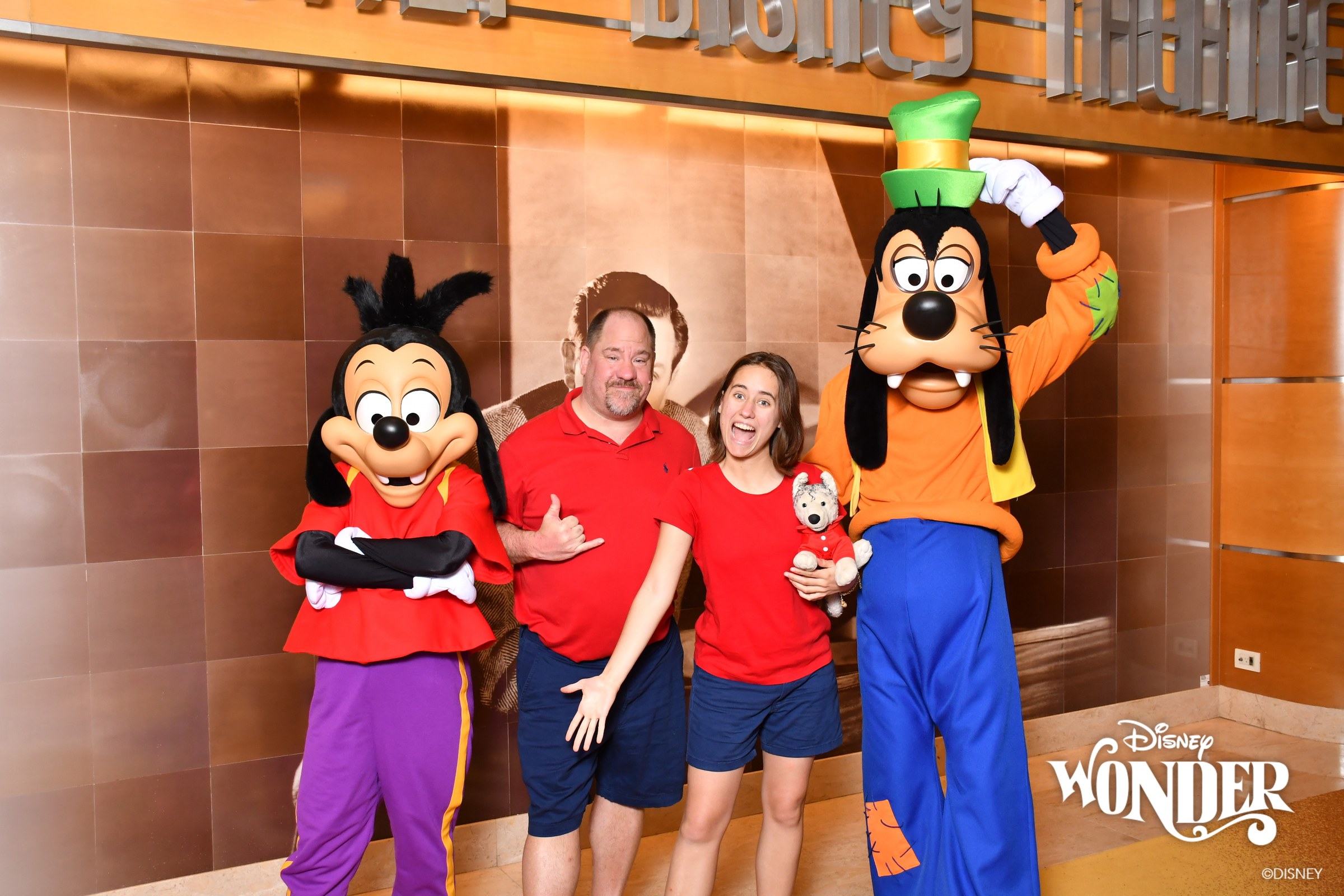 Max, Michael, Lisa & Goofy outside the Walt Disney Theatre