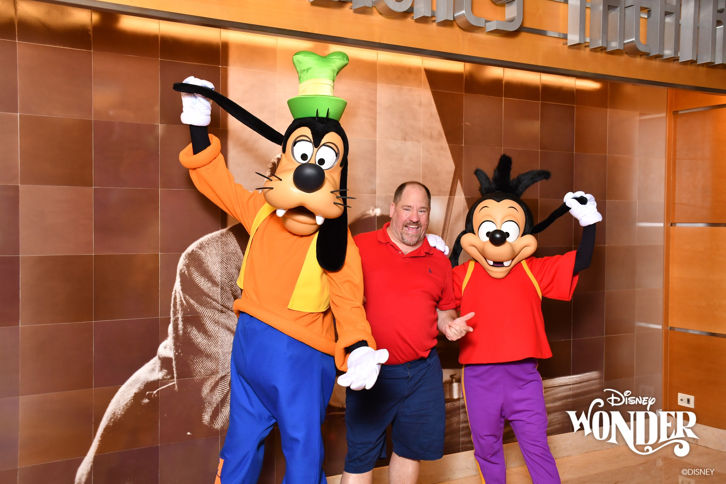 Goofy, Michael & Max outside the Walt Disney Theatre