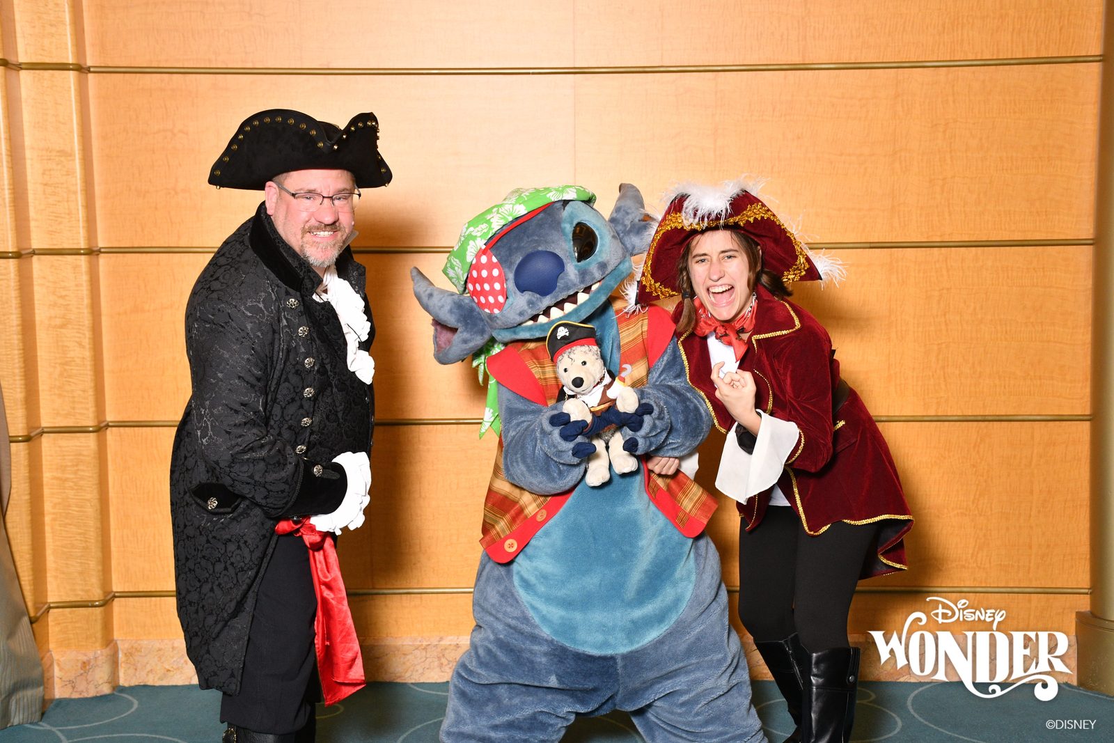 Michael, Stitch in pirate garb & Lisa at Pirate Night, Bob along too