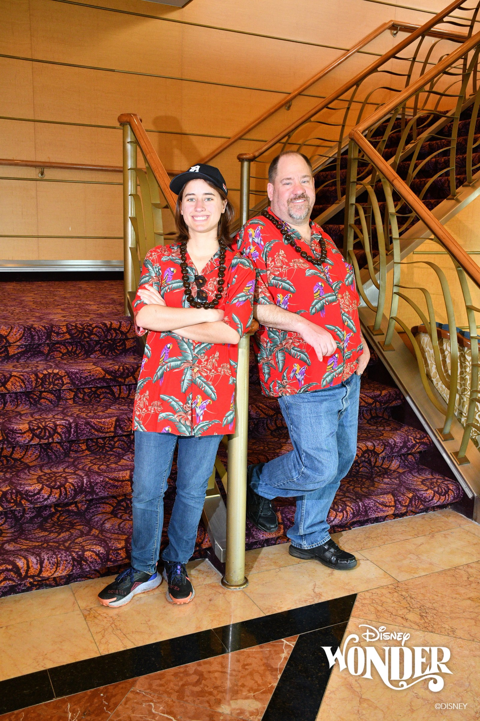Lisa and Michael on the stairs in our Hawaiian shirts