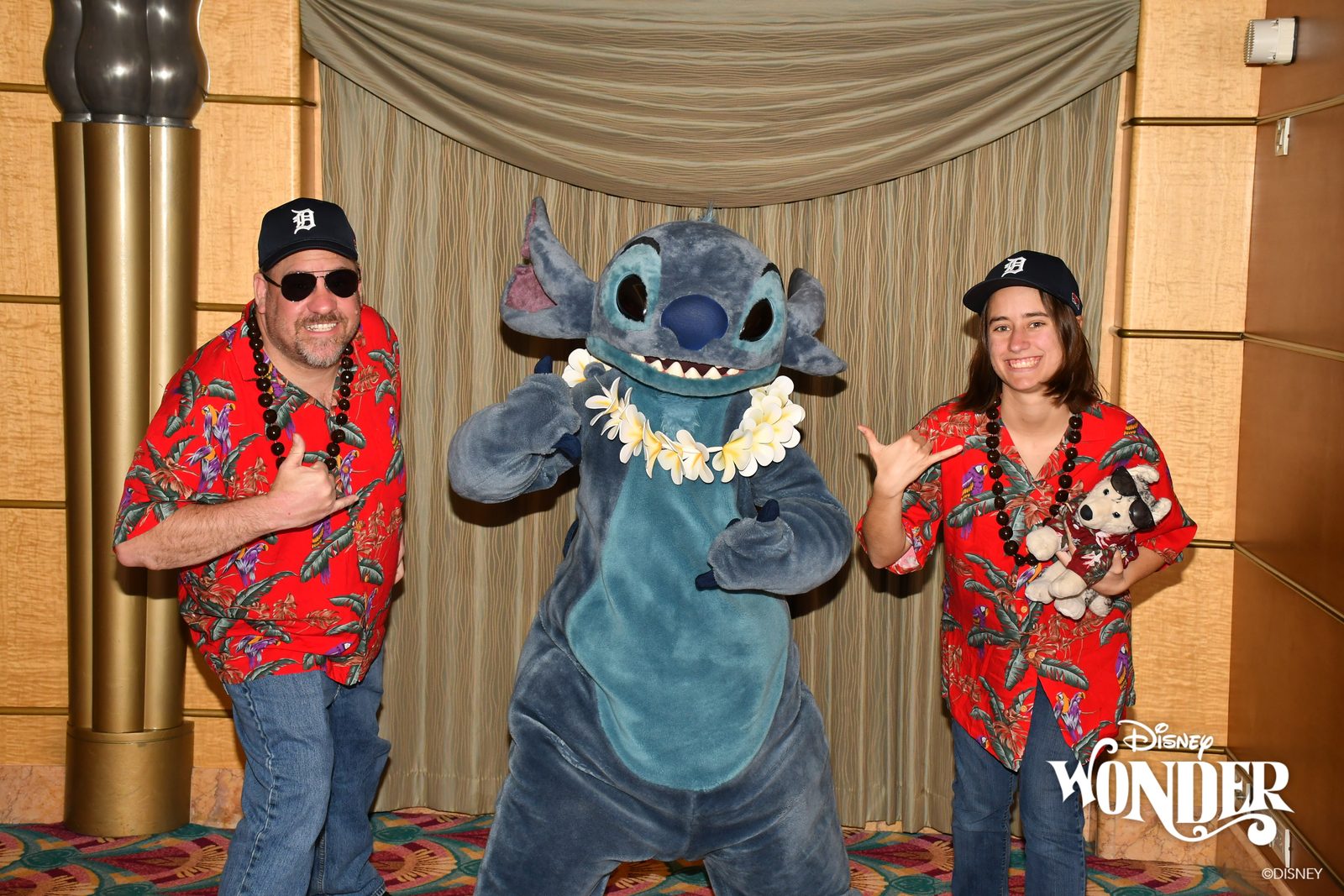 Meeting Stitch in our matching Hawaiian shirts